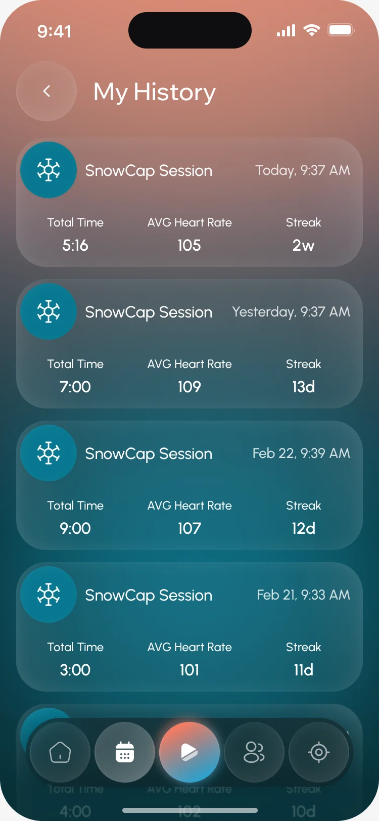 My History: four SnowCap sessions with total time, average heart rate and streak