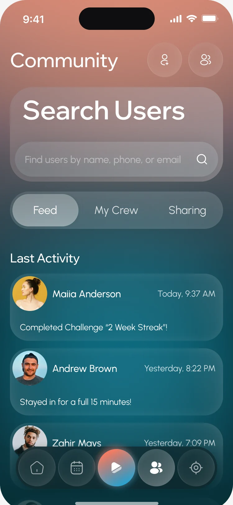 Community: Search Users, and the feed of recent activity from crew members