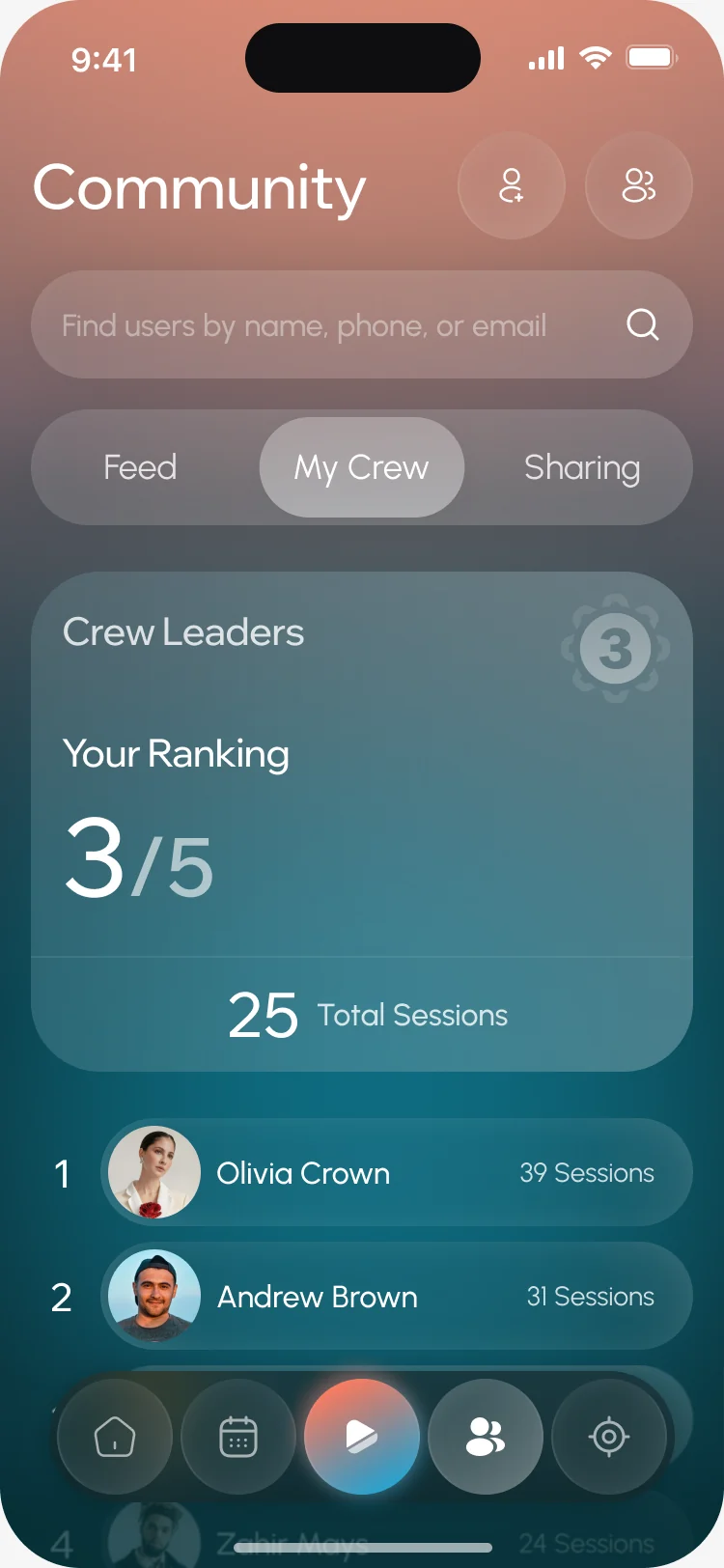 My Crew: Crew Leaders, your ranking 3 of 5 with 25 total sessions, and the list