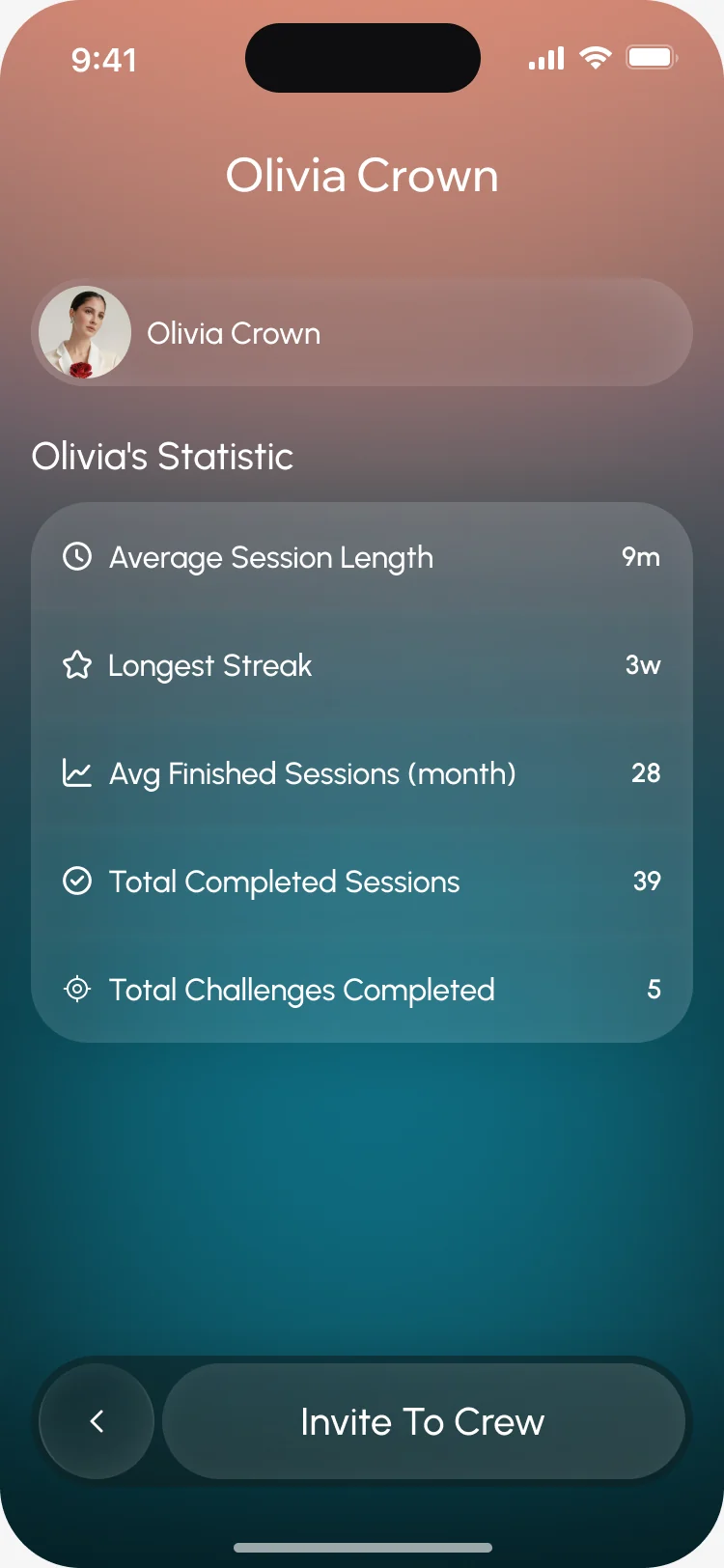 Olivia Crown’s statistics: session length, longest streak, finished and completed sessions and challenges, with Invite To Crew