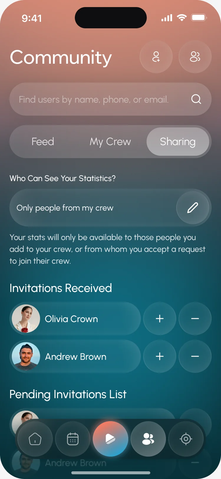 Sharing: statistics visible only to the crew, invitations received and pending