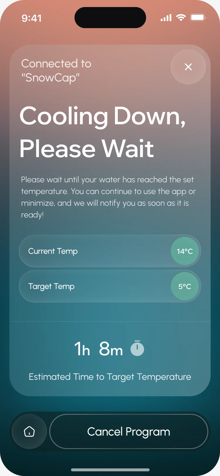 Connected to SnowCap, Cooling Down, Please Wait: current 14°C, target 5°C and the estimated time
