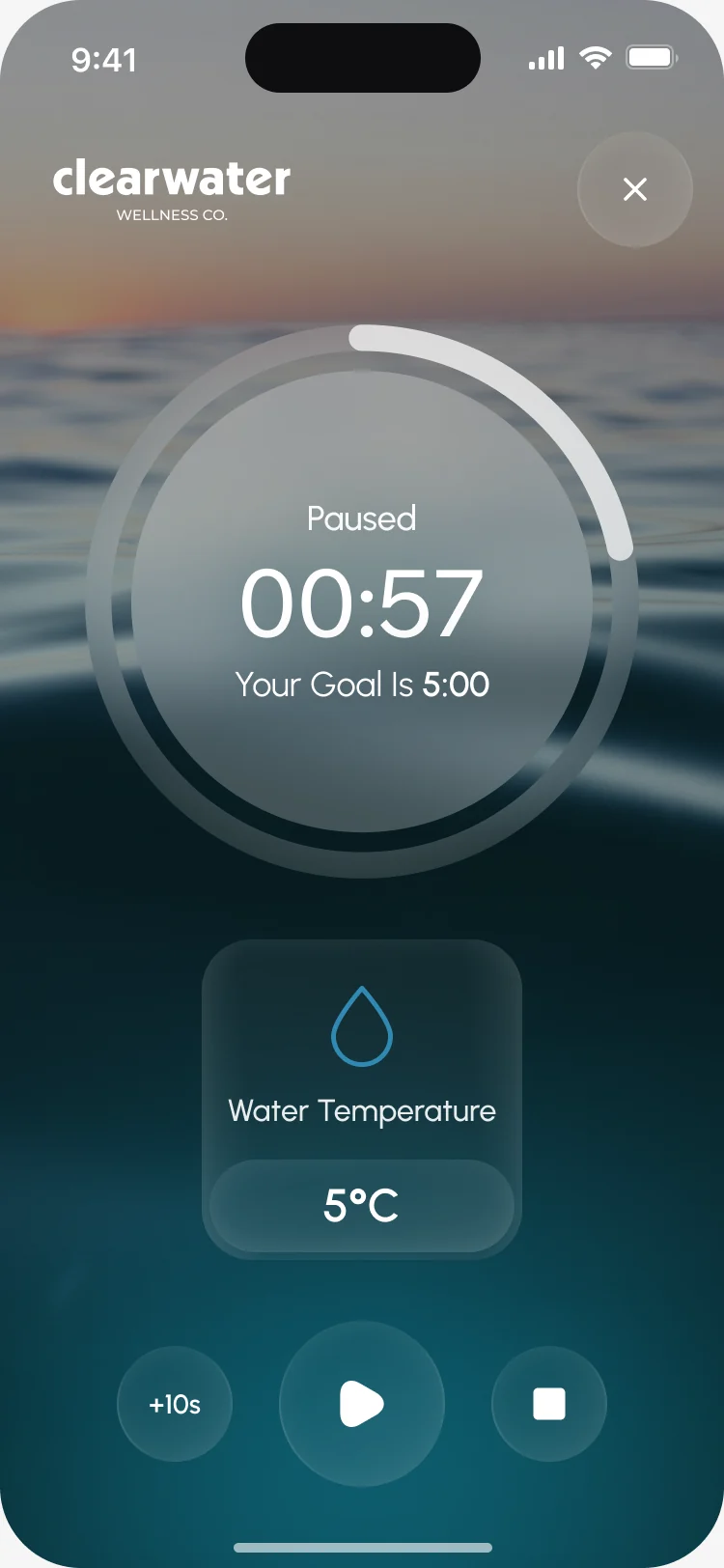 A paused session at 00:57 of a five-minute goal, with the water temperature