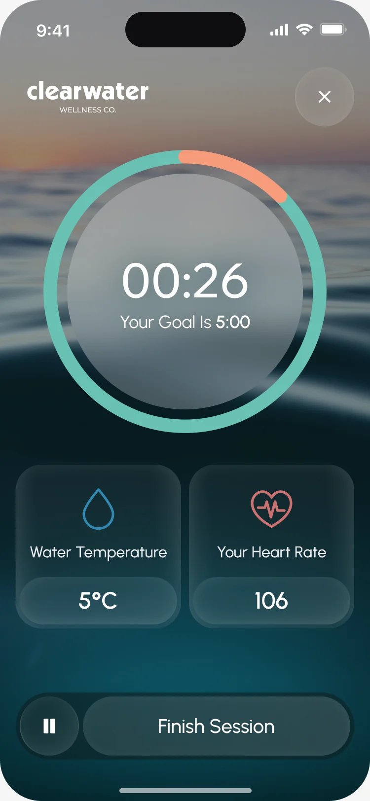 A session in overtime, 00:26 past the five-minute goal with the extra time marked in orange on the ring, water 5°C, heart rate 106 and Finish Session