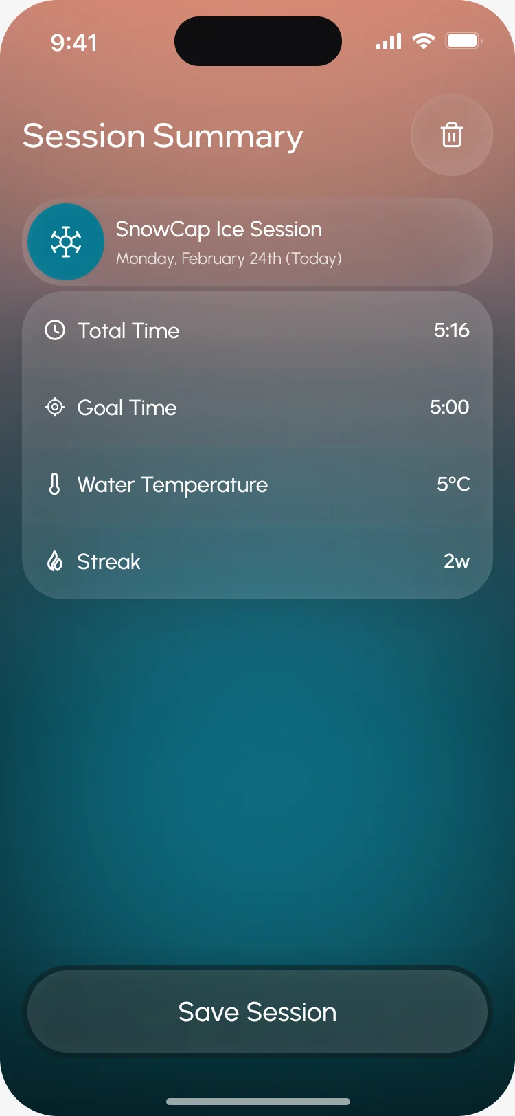 Session Summary for a SnowCap Ice Session: total time, goal time, water temperature and streak, with Save Session