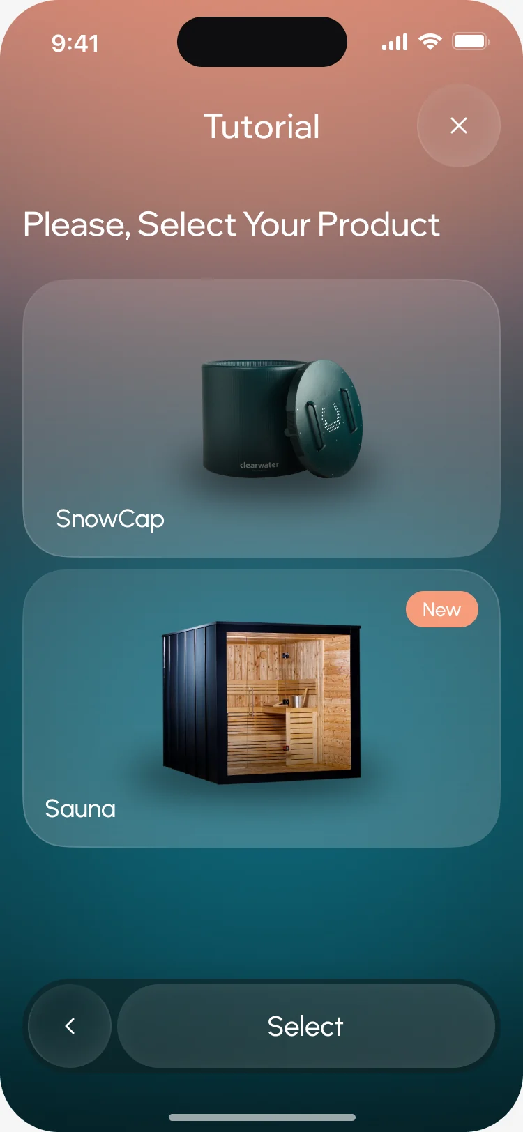 Tutorial, Please Select Your Product: SnowCap and a Sauna marked New
