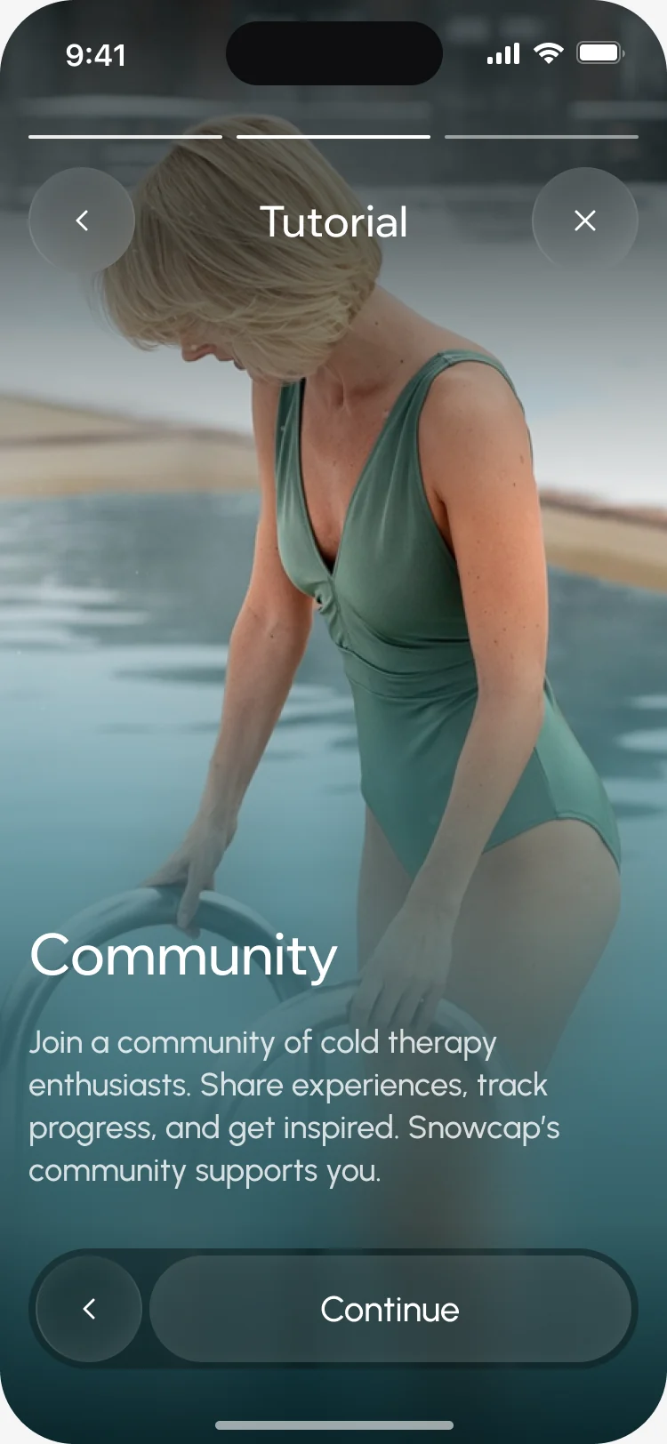 Tutorial, Community: a person stepping into cold water, and a line about sharing experiences and tracking progress