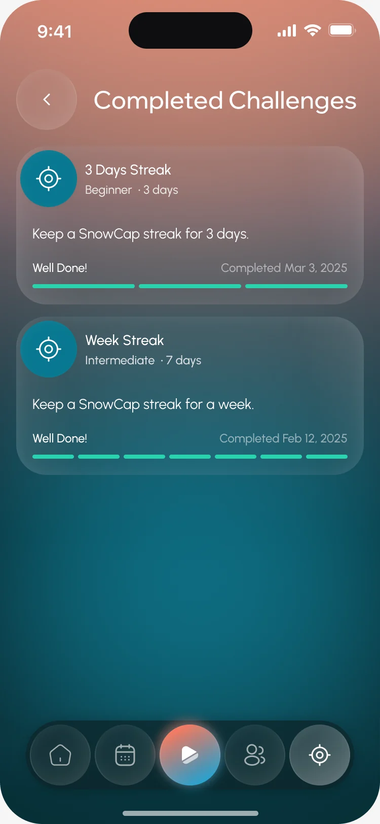 Completed Challenges: 3 Days Streak and Week Streak, each marked Well Done with its completion date