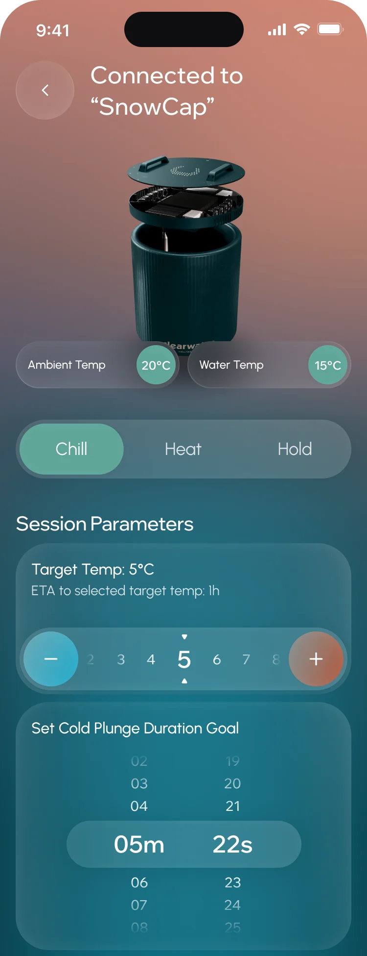 Connected to SnowCap: the device with ambient 20°C and water 15°C, Chill, Heat and Hold modes with Chill on, a target of 5°C on a dial with the time it takes to get there, and a duration goal of 5 minutes 22 seconds
