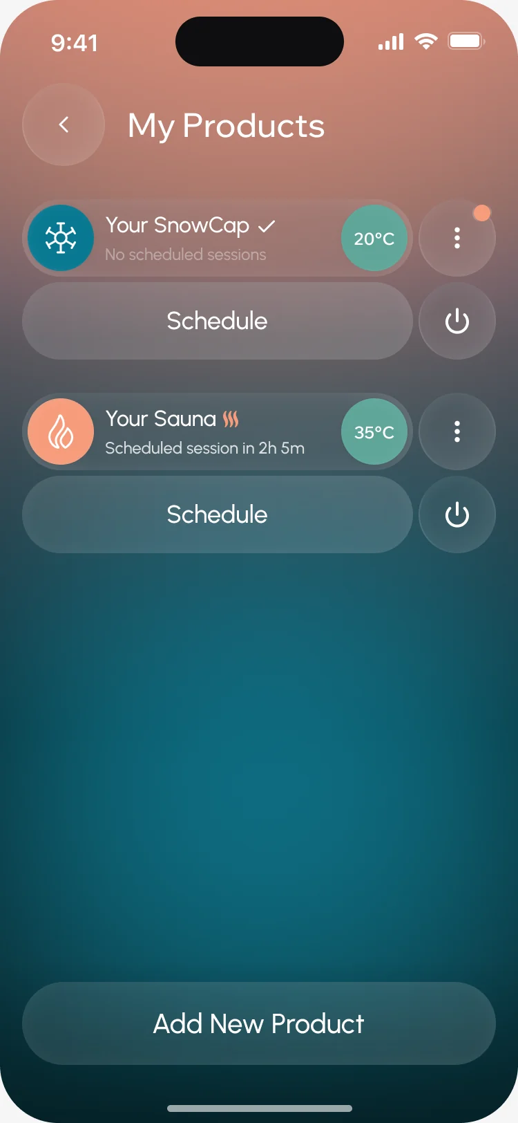 My Products: SnowCap and Sauna with temperature, Schedule and power buttons, and Add New Product