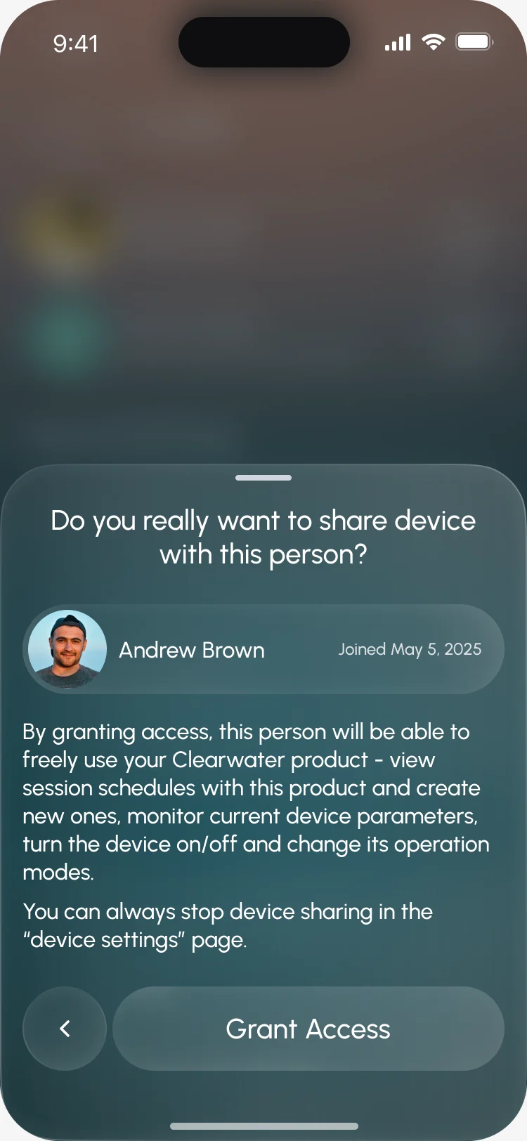 A dialog asking to confirm sharing the device with Andrew Brown and listing what he will be able to do, with Grant Access