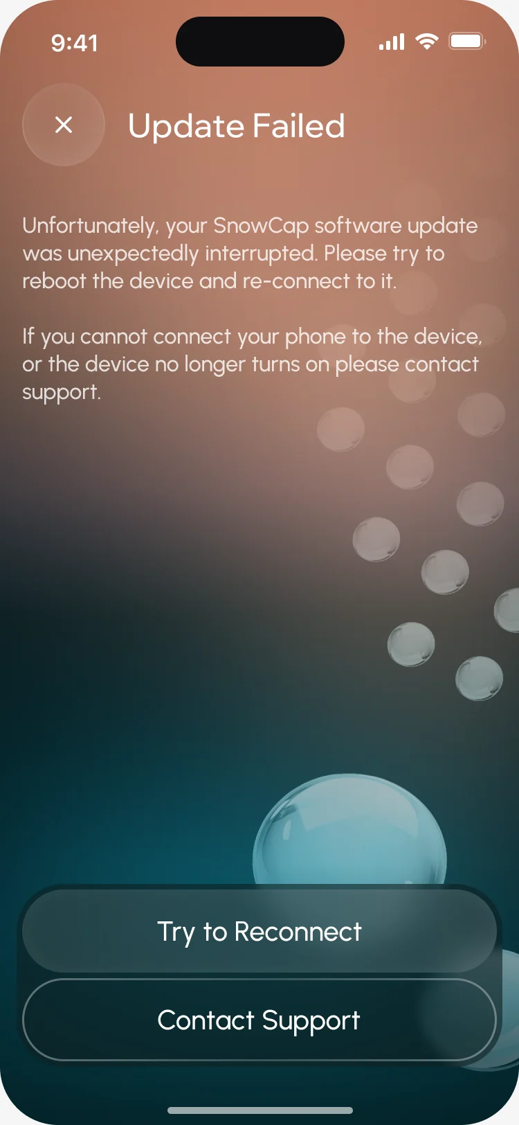 Update Failed: what happened, how to reboot and reconnect, with Try to Reconnect and Contact Support