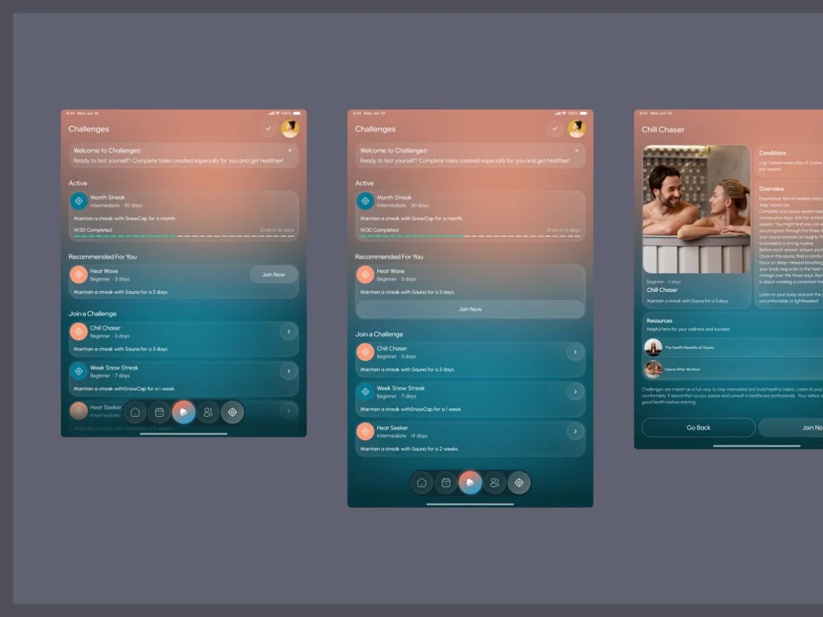 Tablet versions of the Challenges screens laid out side by side
