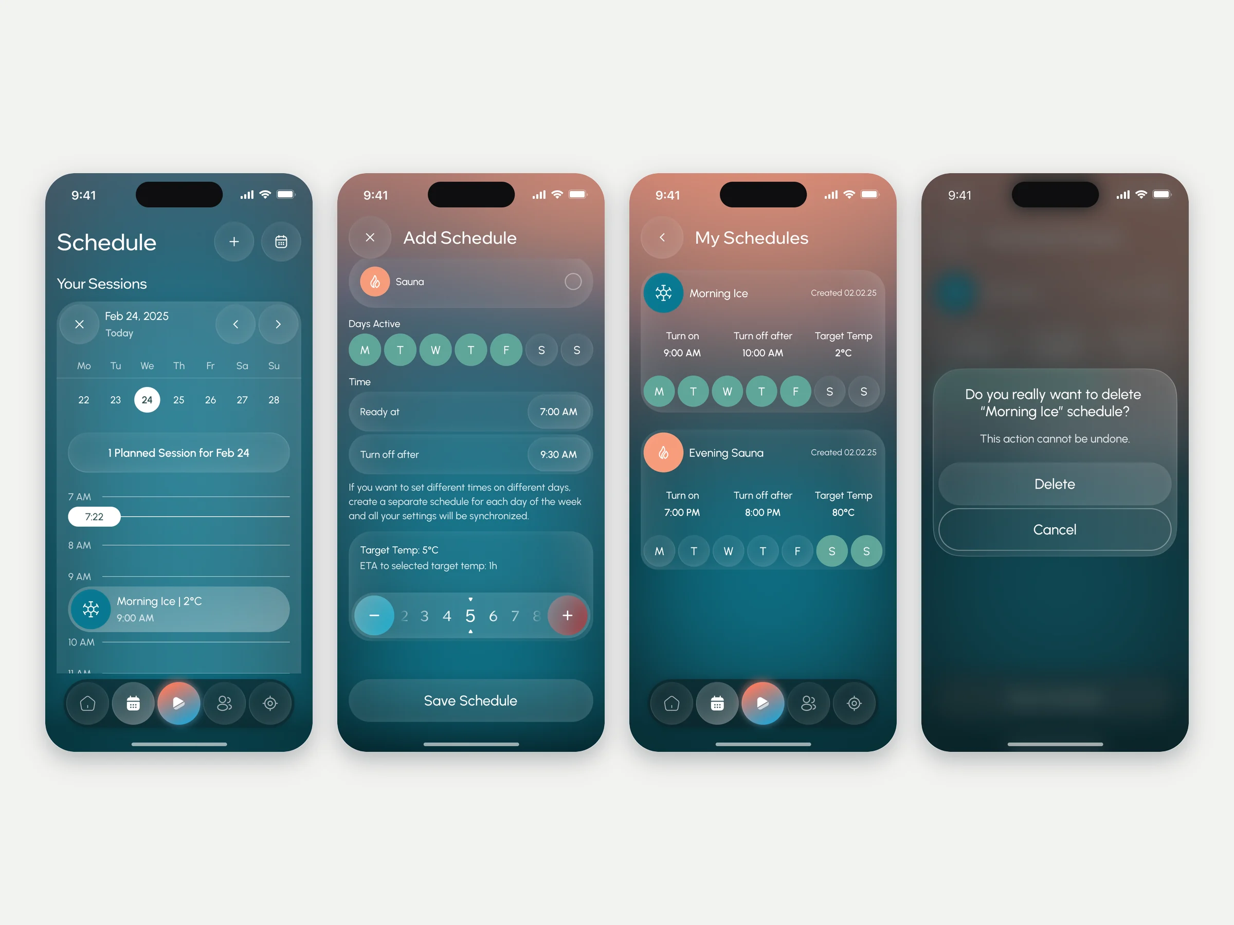 Four schedule key frames: the day timeline with the current time and a Morning Ice session, the Add Schedule form with the temperature picker, the list of schedules, and the delete confirmation