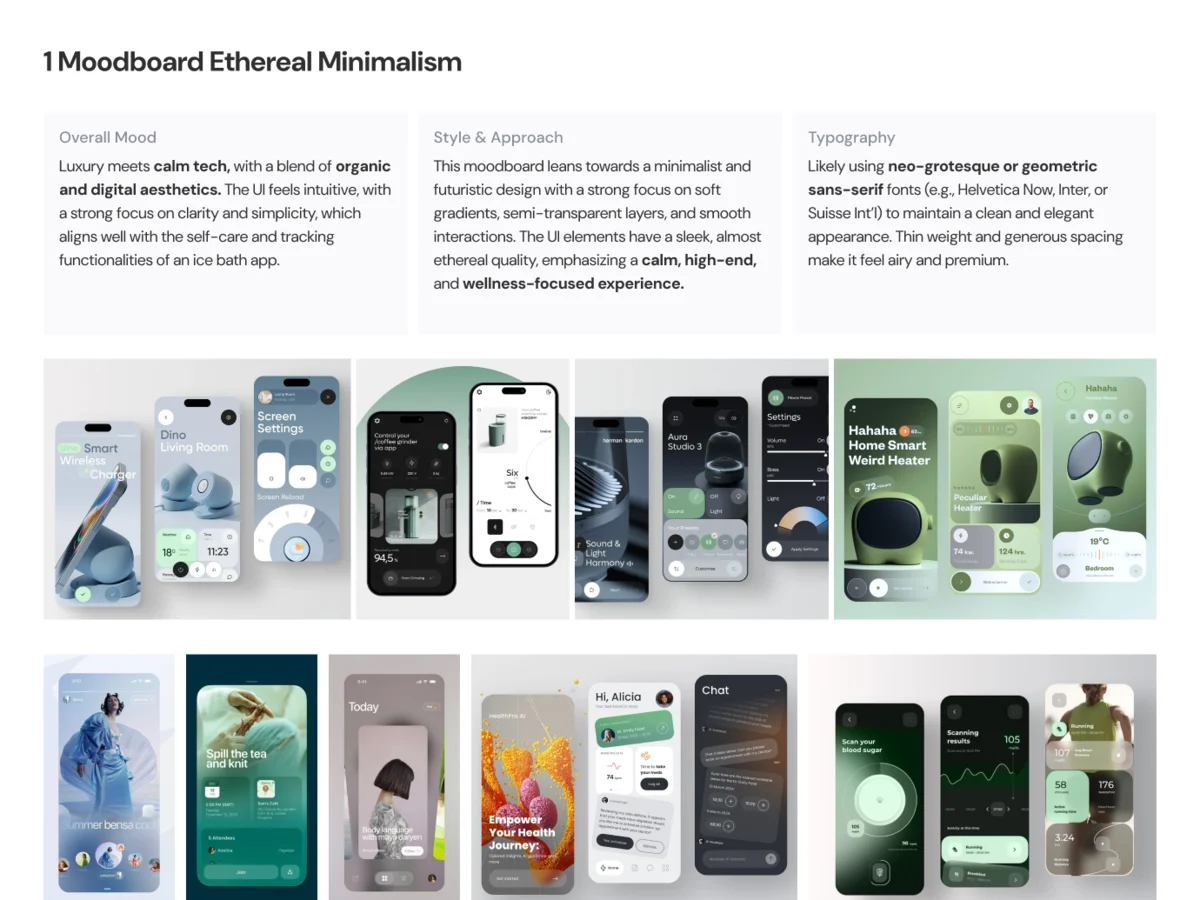 Moodboard, Ethereal Minimalism: the mood, style and type notes above reference screens and a colour palette