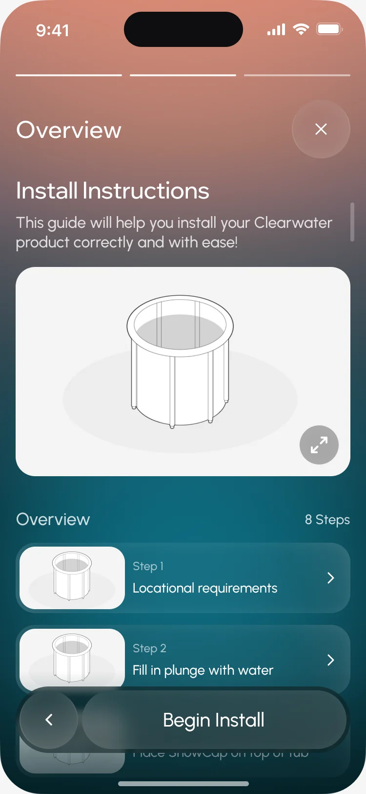 Install Instructions overview: an illustration of the tub and the first steps, location requirements and filling the plunge