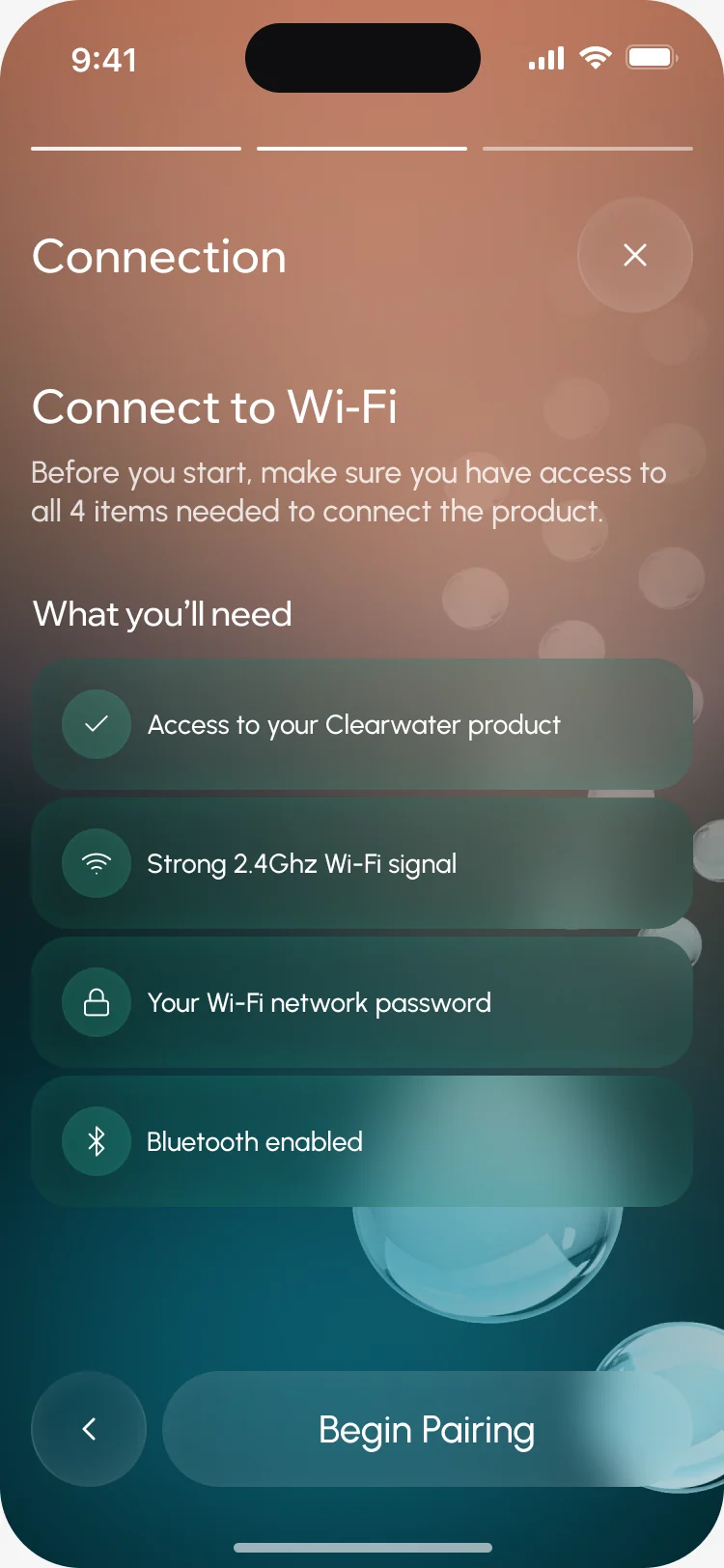 Connect to Wi-Fi: the product, a 2.4 GHz signal, the network password and Bluetooth, then Begin Pairing