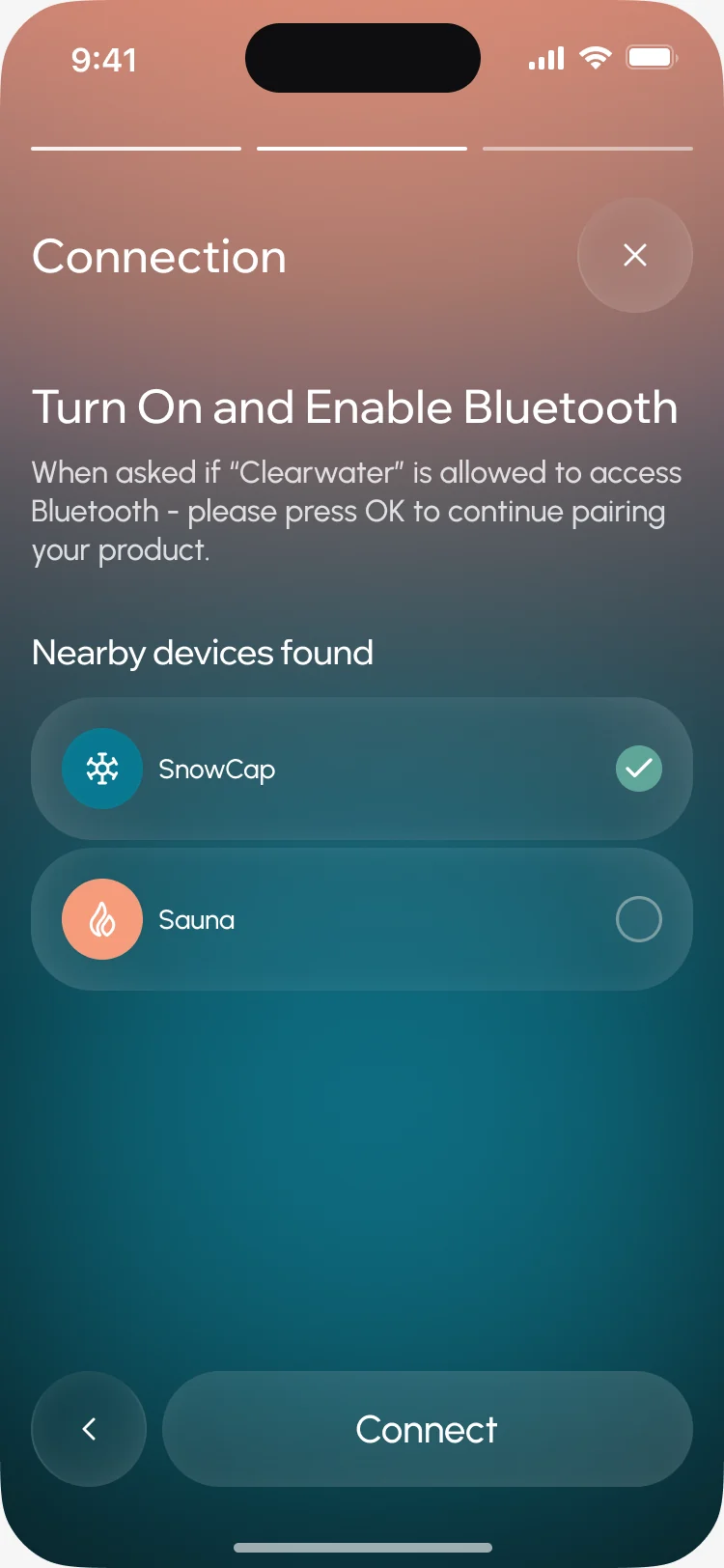 Turn On and Enable Bluetooth: nearby devices with SnowCap selected and Sauna, then Connect