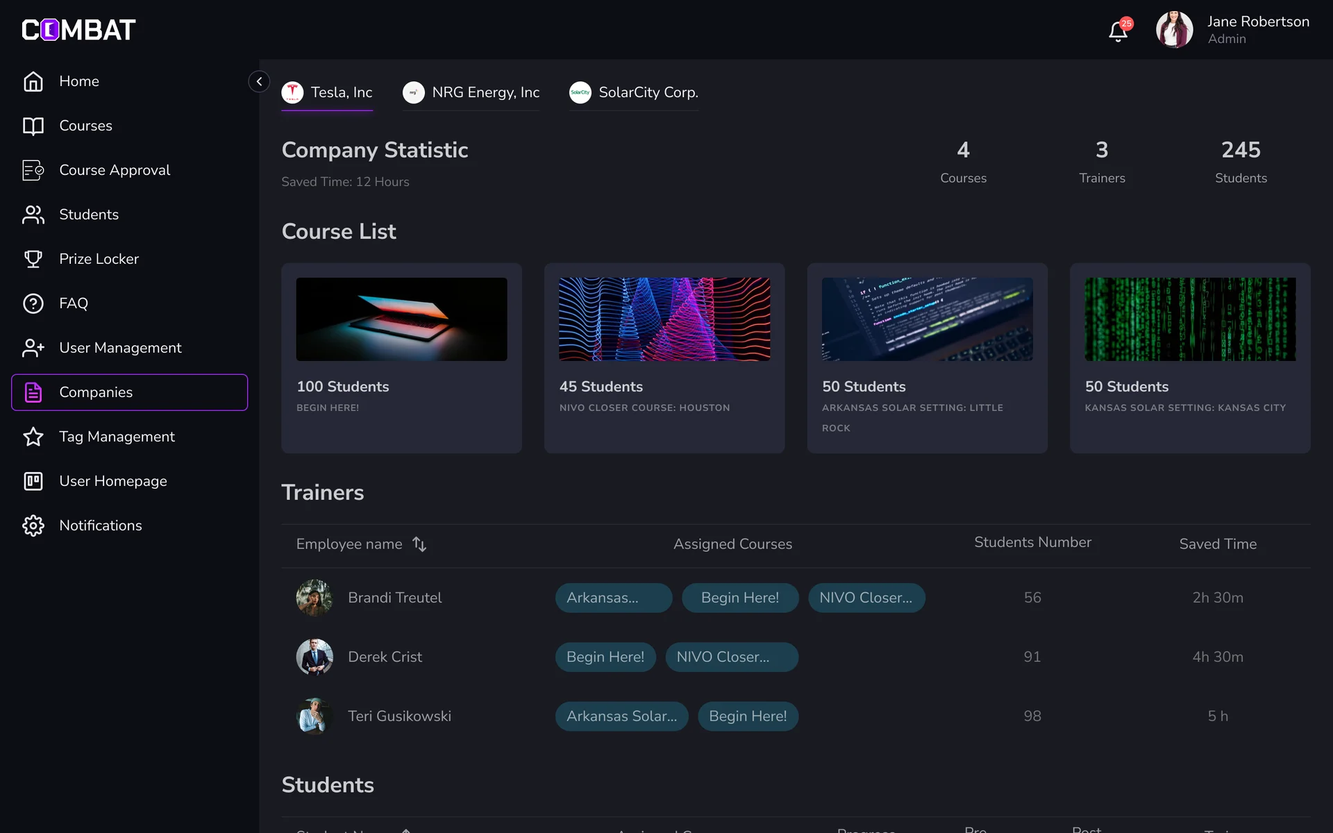 Companies page with company tabs, the company’s statistic, course cards with student counts and the trainers table with assigned courses and saved time