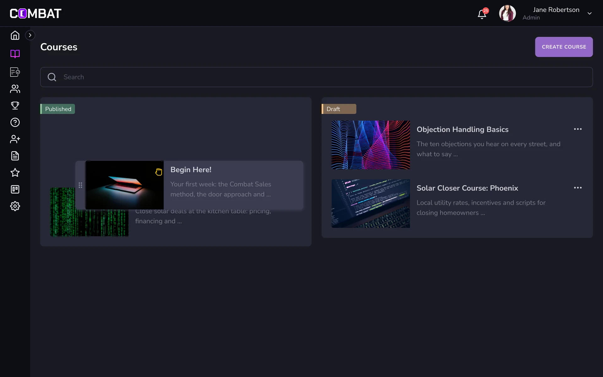Courses page with Published and Draft columns and a course card being dragged to a new position