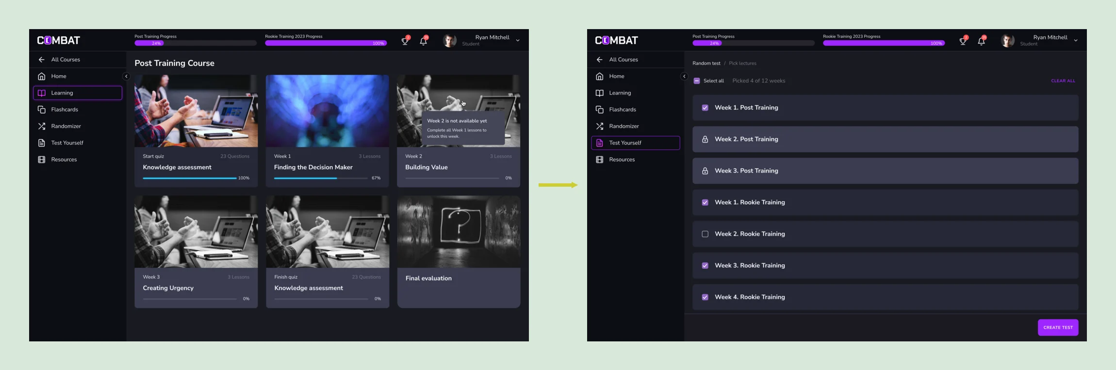 Student path: the Post Training course as week cards with a locked Week 2 and its tooltip, then Test Yourself with the reached weeks ticked and later weeks locked
