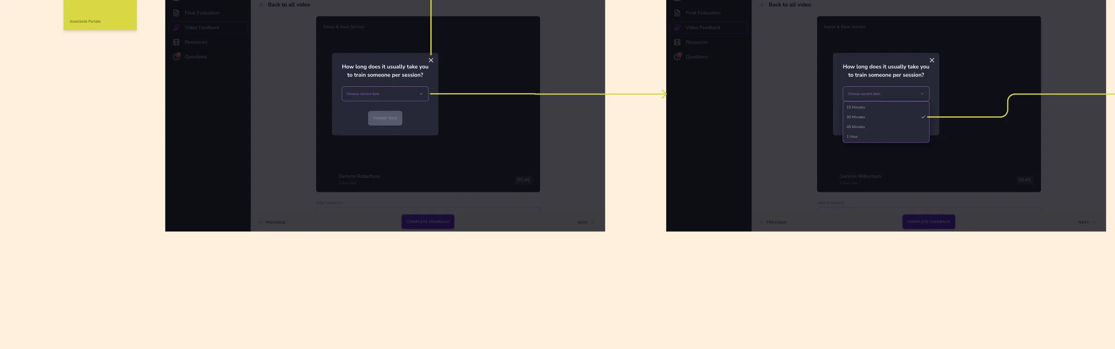 Trainer map fragment: the one-time question on the video review screen, then its dropdown of session lengths