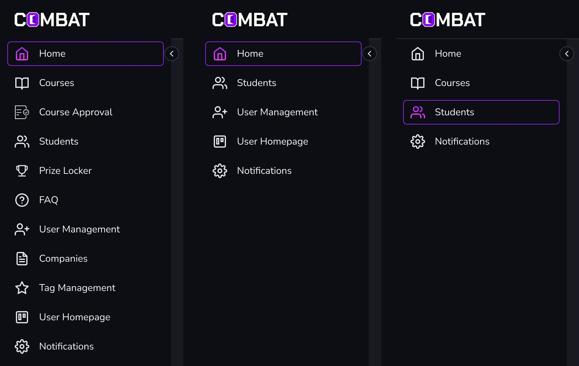 Three Combat Sales menus: the Superadmin’s eleven items, the five left once a company is selected, and the trainer’s Home, Courses, Students and Notifications
