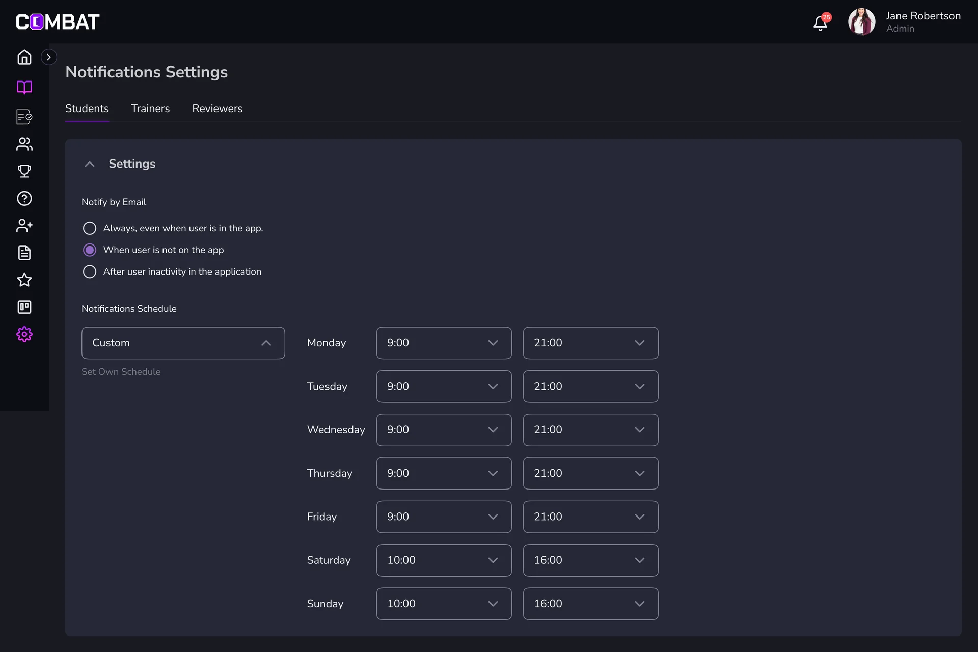 Notification settings with a custom schedule: sending hours for each weekday and the main and additional notification groups