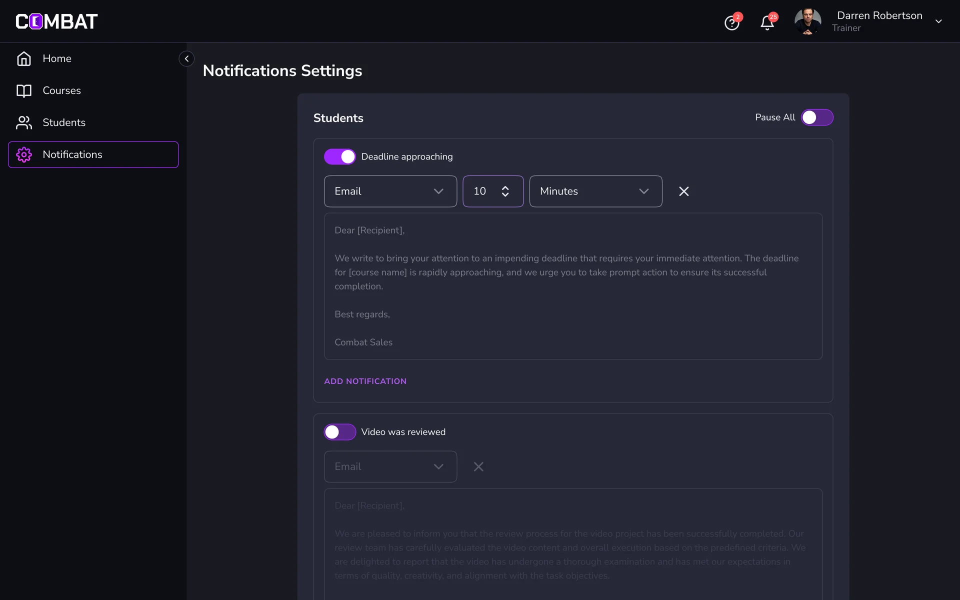 Trainer notification settings: deadline approaching, video reviewed and other events, each with a switch, channel, timing and email template