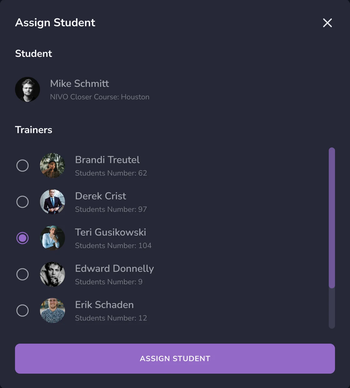 The same trainer picker after a course approval: the student and the list of trainers with one selected