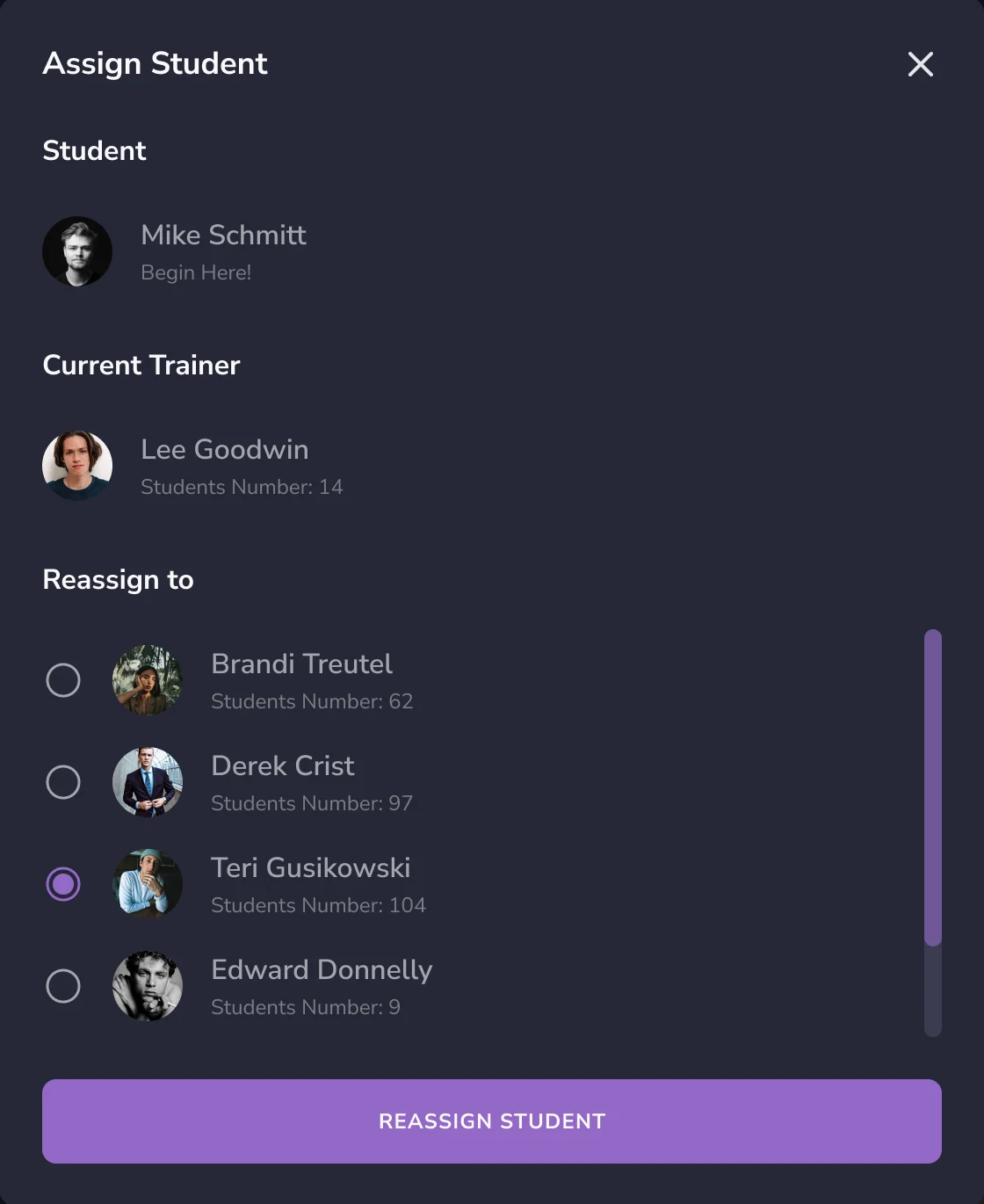 Trainer picker for reassigning: the student, the current trainer and the list of trainers with their number of students