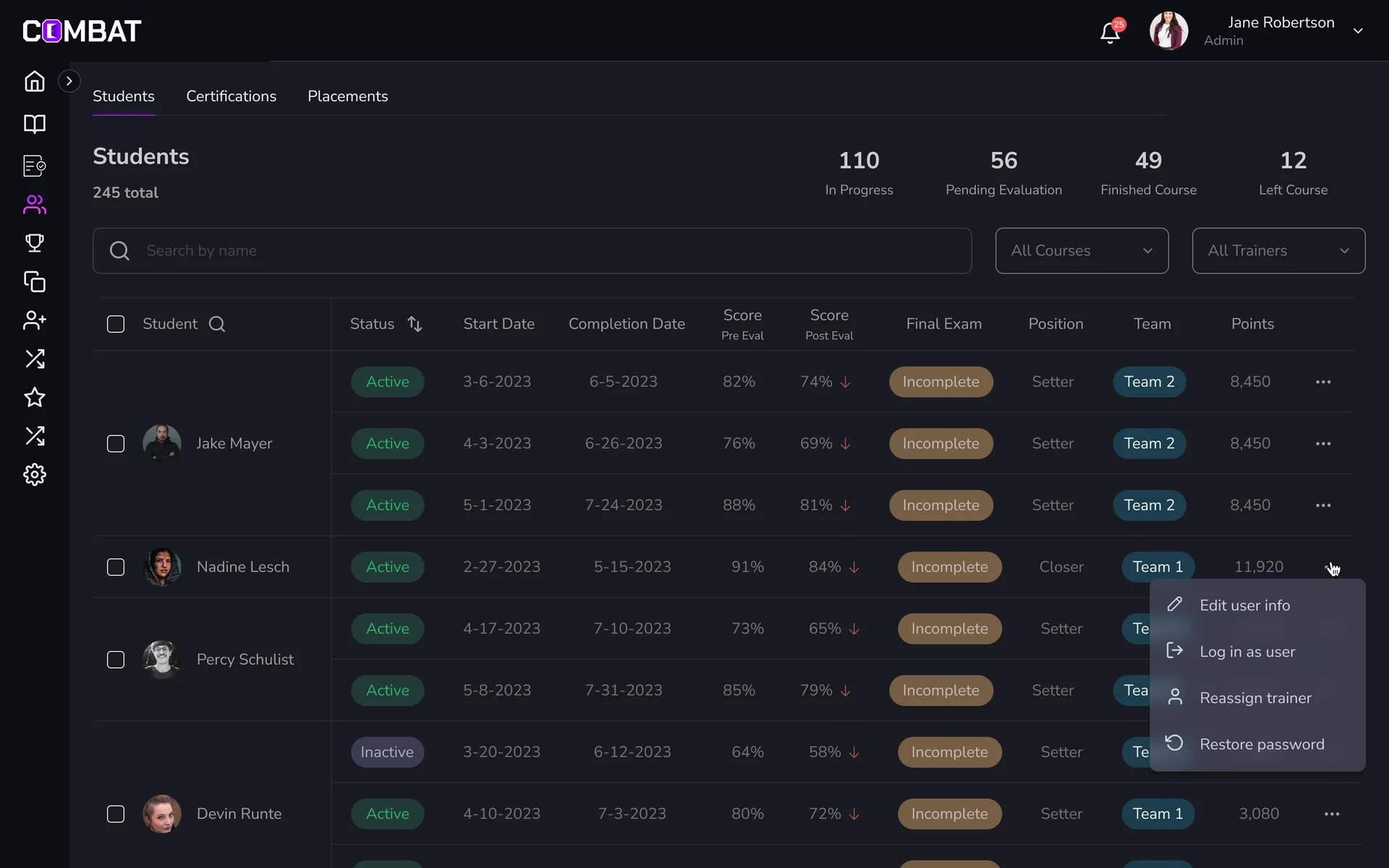 Students table with counts in progress, pending evaluation, finished and left, course rows with status, dates, scores, final exam, position, team and points, and a row menu with edit, log in as user, reassign trainer and restore password