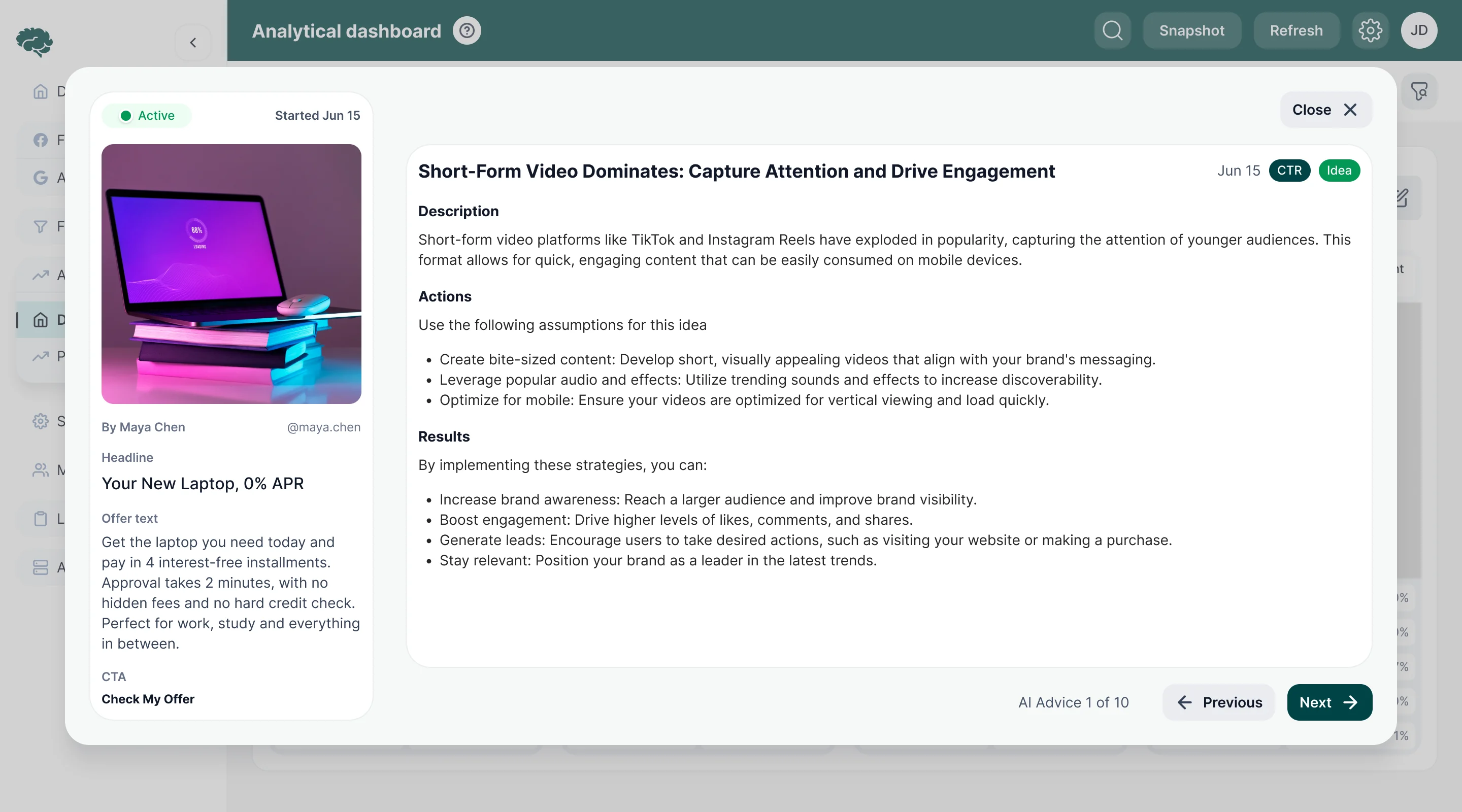 AI advice over the analytical dashboard: an idea about short-form video with its description, suggested actions and expected results, beside the active ad it concerns