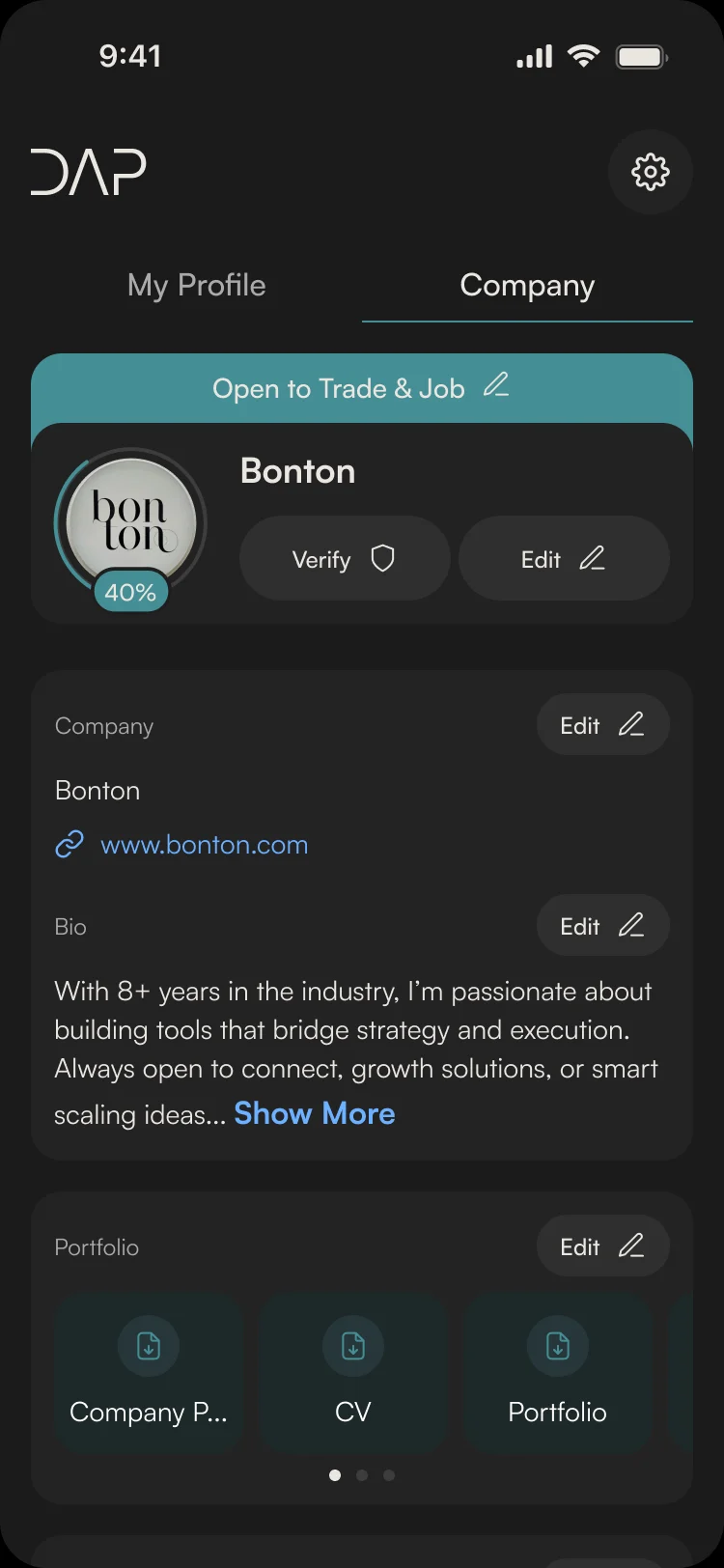 Company profile for Bonton: Open to Trade & Job, Verify and Edit, the company’s site, bio and portfolio files