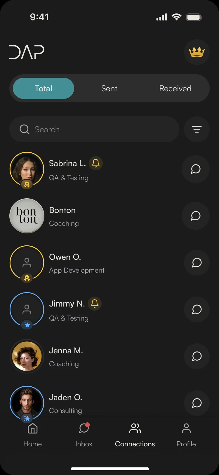 Connections, Total tab: Sabrina L., Bonton, Owen O., Jimmy N., Jenna M. and Jaden O., each with a chat button