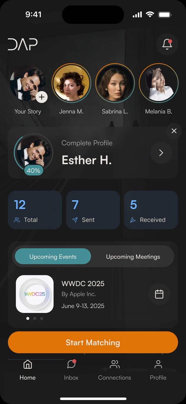 DAP home: stories from Jenna, Sabrina and Melania, Complete Profile at 40%, 12 connections with 7 sent and 5 received, Upcoming Events and Upcoming Meetings, Start Matching and the tab bar