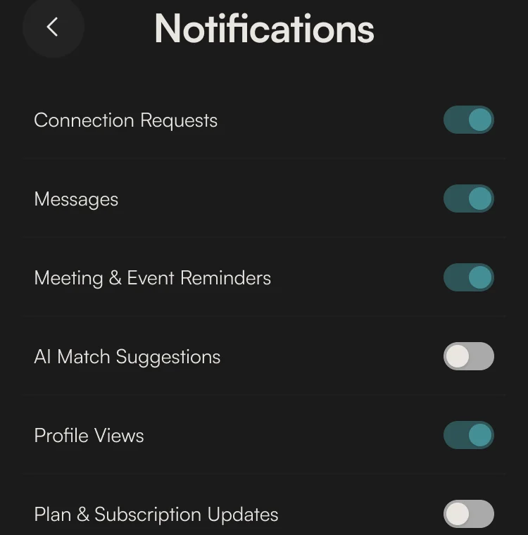 Notifications page in Settings with the same rows and toggles