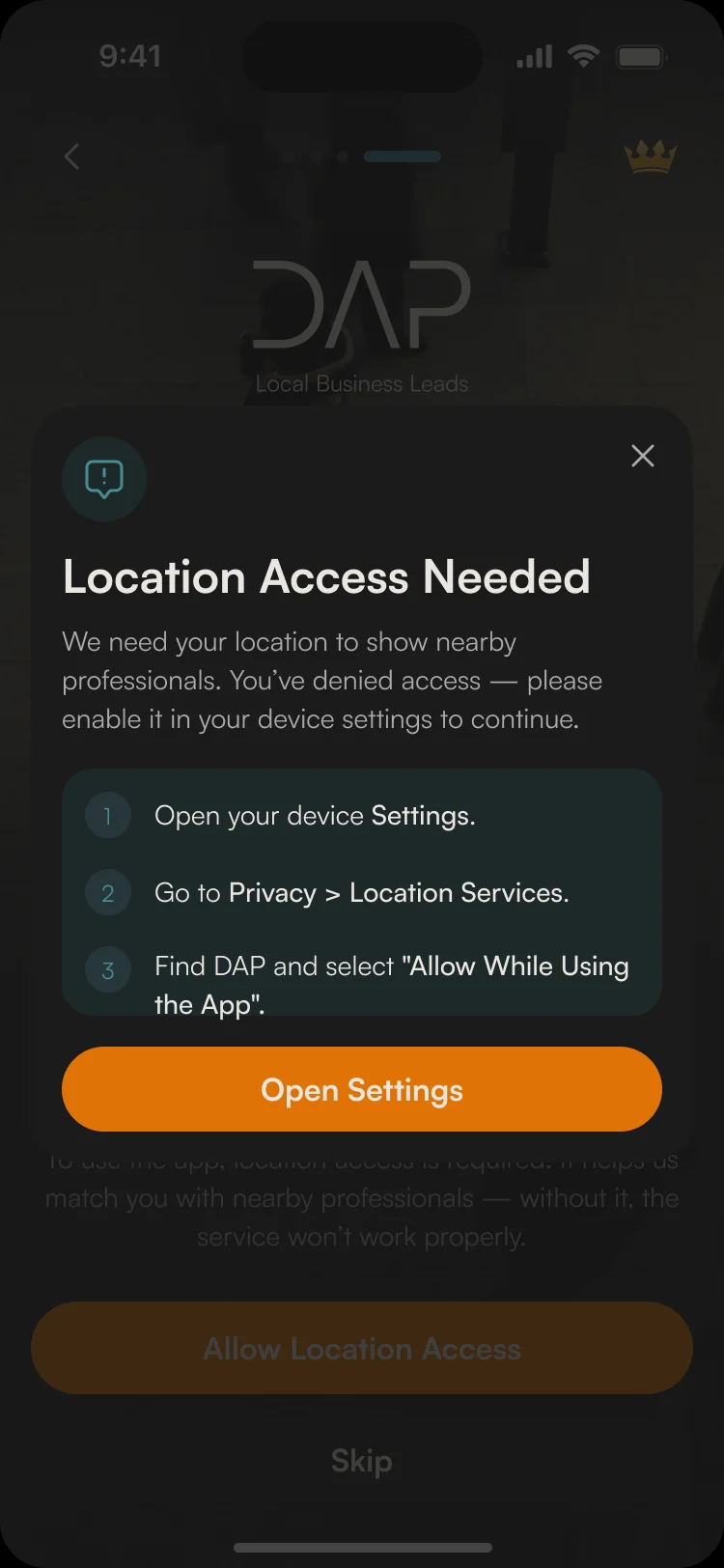 Location Access Needed: three steps to allow location in the device settings, with Open Settings