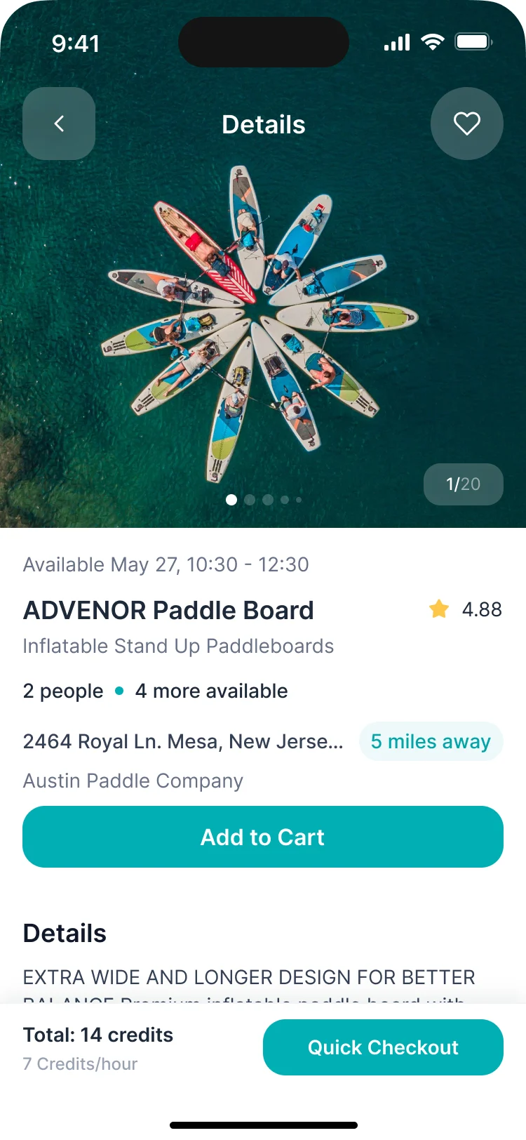 Equipment details on a phone: photo gallery, the available slot, the board’s name, rating, capacity, address, distance, supplier, Add to Cart and the total in credits with Quick Checkout