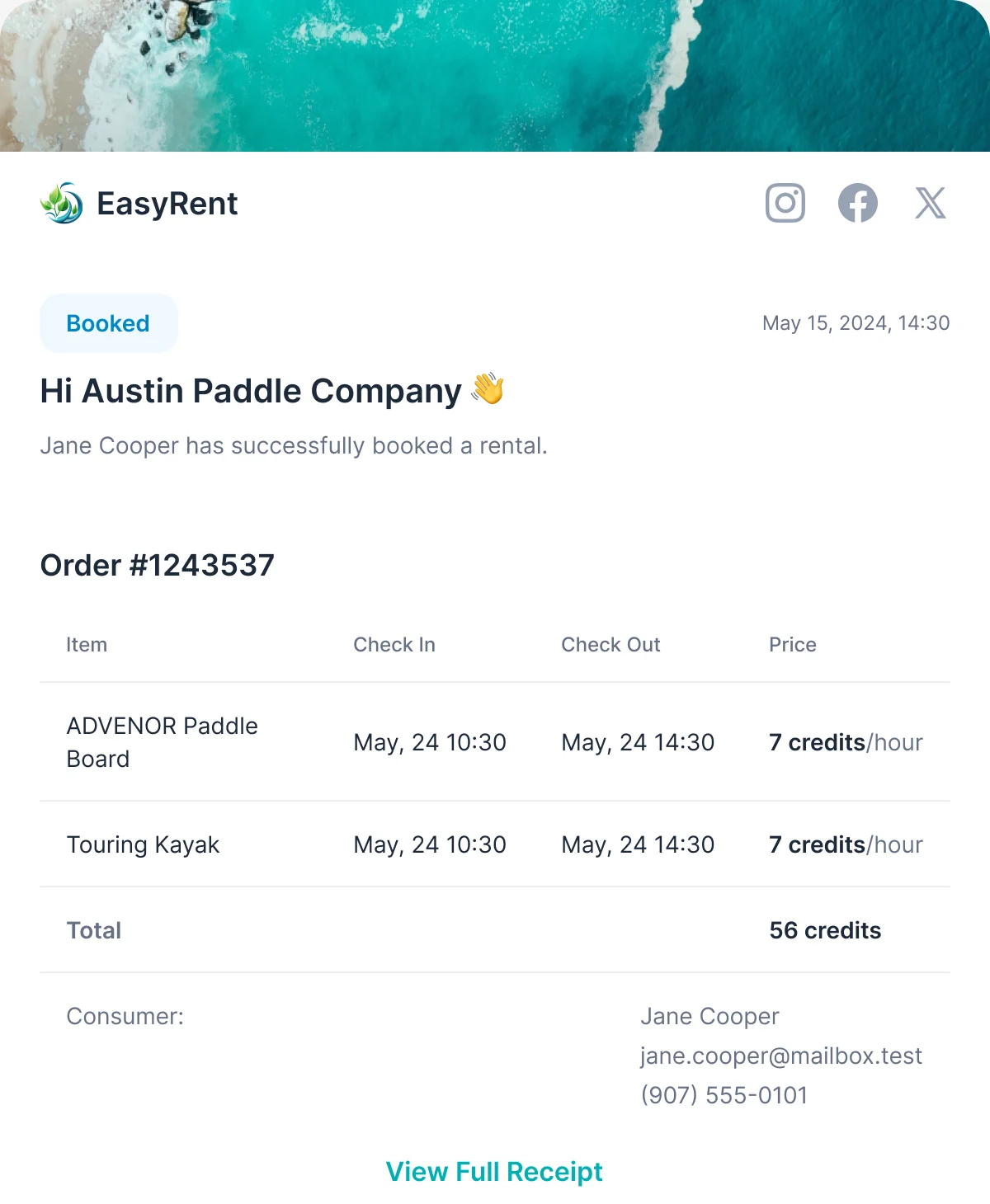 EasyRent booking email to a supplier: a Booked label, the order number, two items with check-in, check-out and credits per hour, the total in credits and the renter’s contact