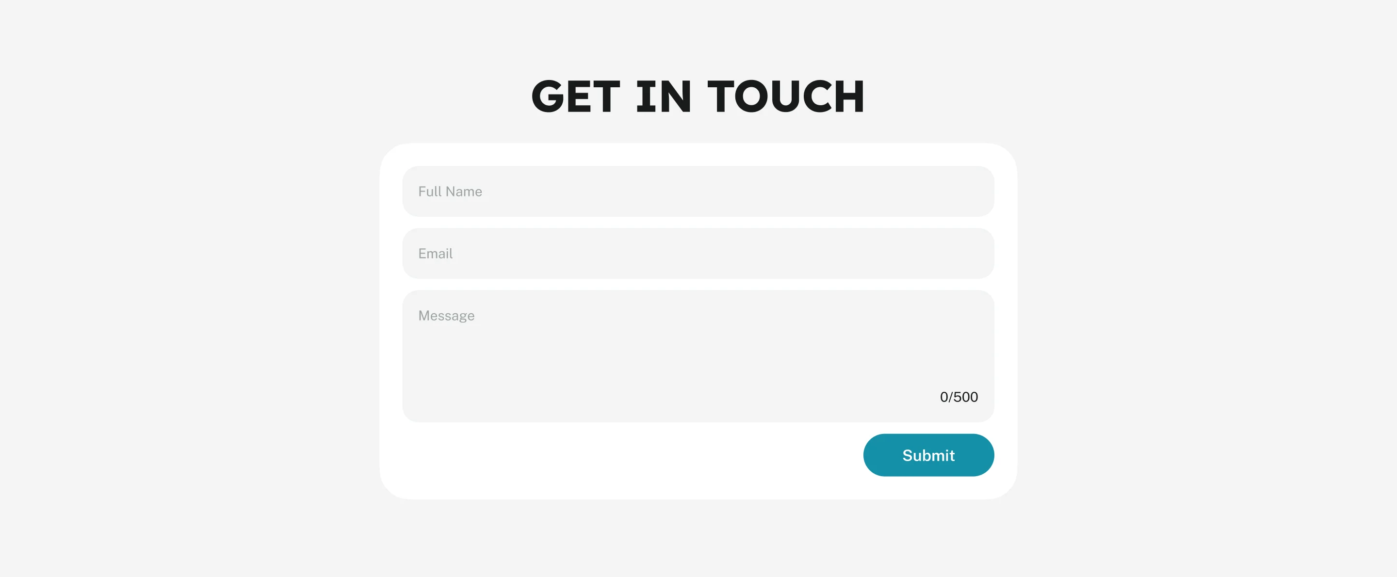 The landing page’s Get in touch form on desktop: full name, email, a message with a 500-character counter and Submit