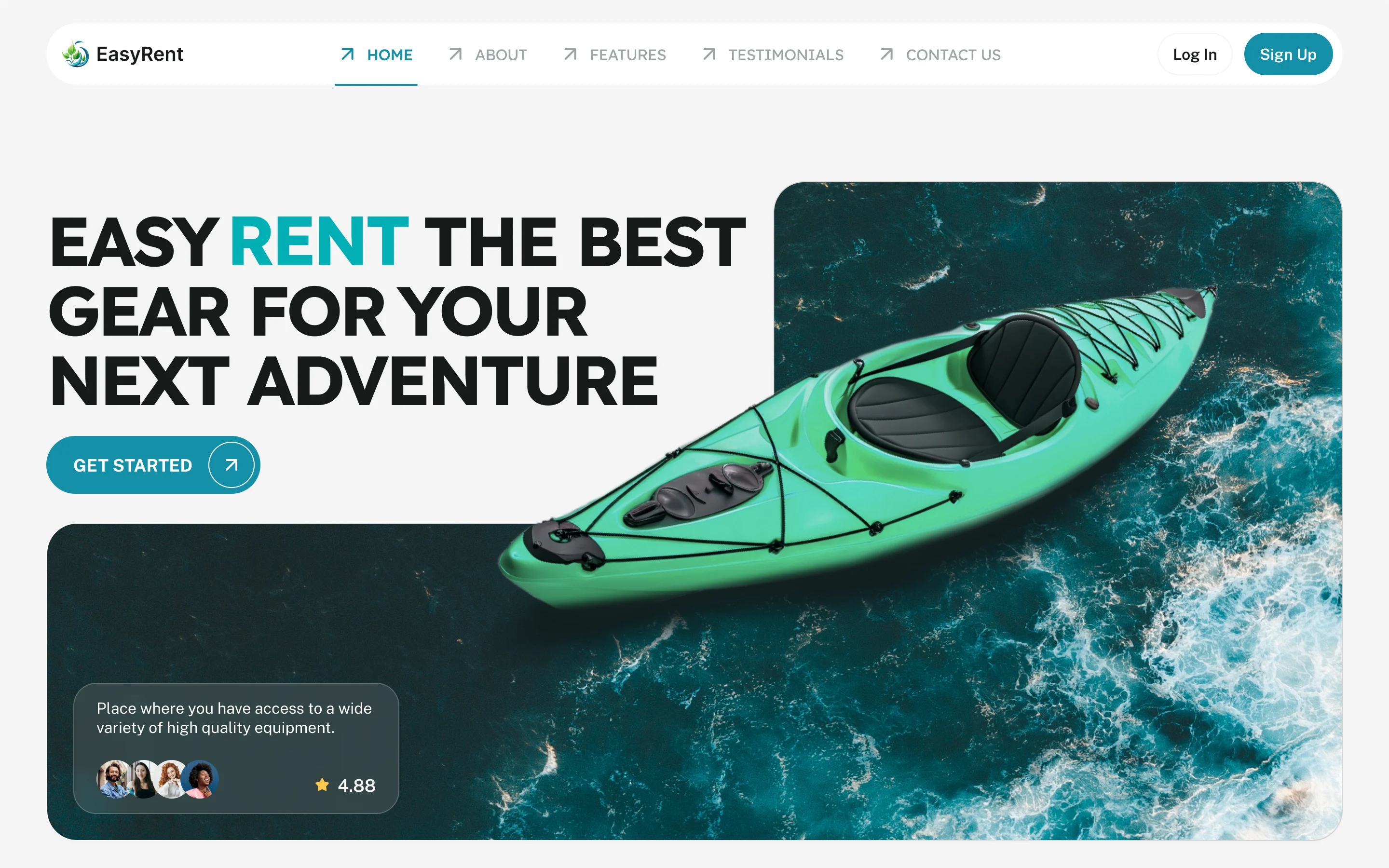 EasyRent landing page on desktop: the navigation, the headline Easy Rent the best gear for your next adventure, a Get Started button, a kayak on dark water and a card with renters’ avatars and a 4.88 rating
