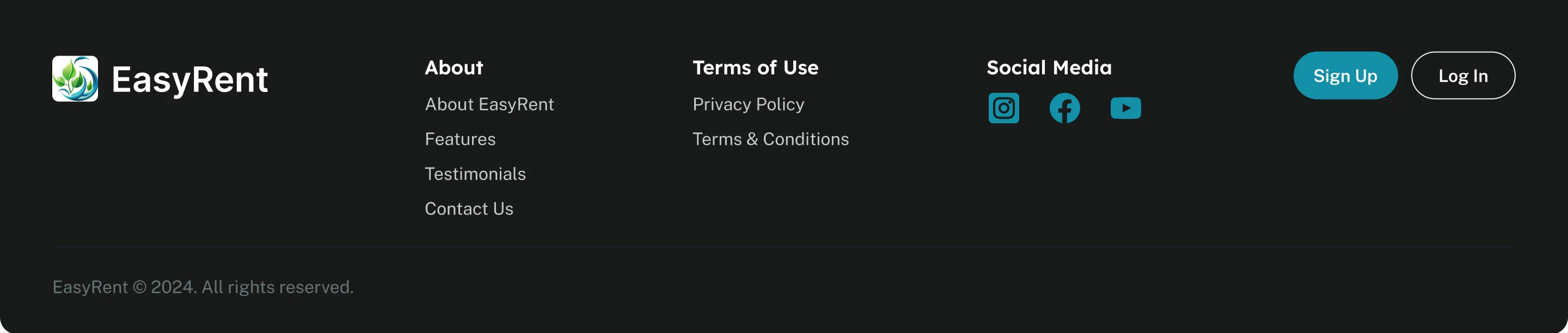 The landing’s dark footer: the EasyRent logo, links to About, Features, Testimonials and Contact Us, Privacy Policy and Terms & Conditions, Instagram, Facebook and YouTube icons, and Sign Up and Log In