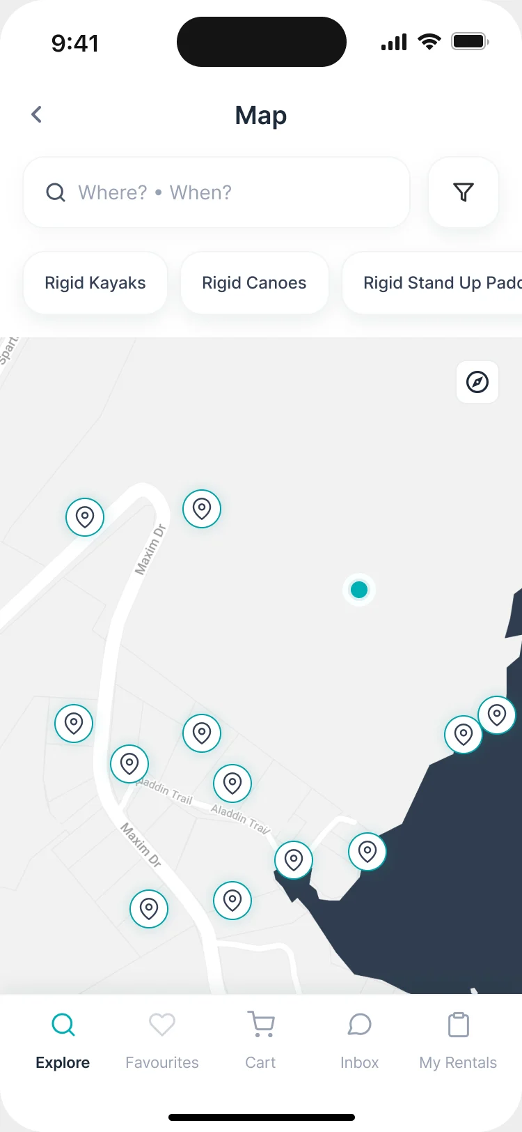 Map on a phone: supplier pins with available listings, filters by type and availability
