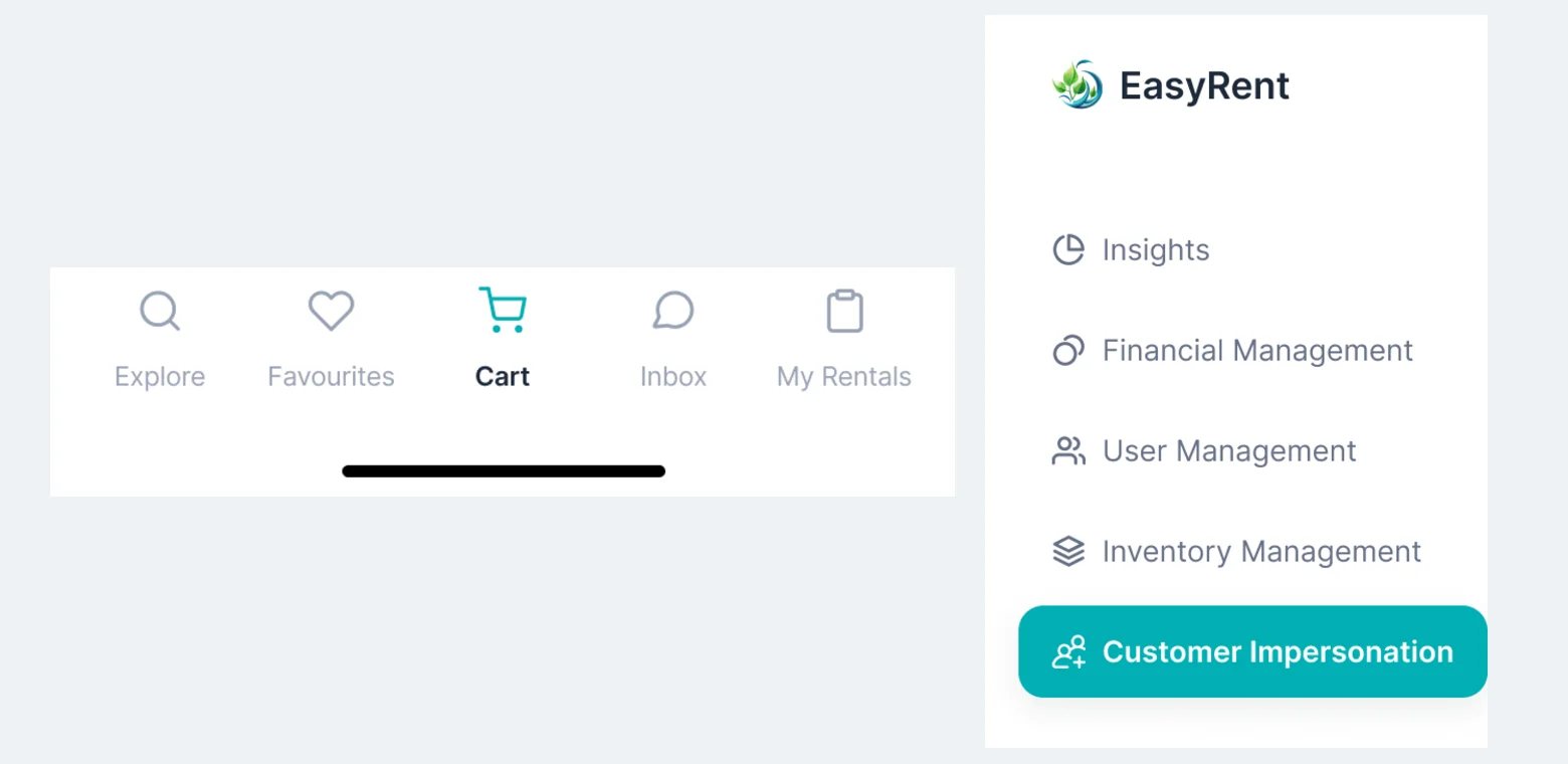EasyRent navigation: the renter’s tab bar with Explore, Favourites, Cart, Inbox and My Rentals, and the admin sidebar with Insights, Financial, User and Inventory Management and Customer Impersonation