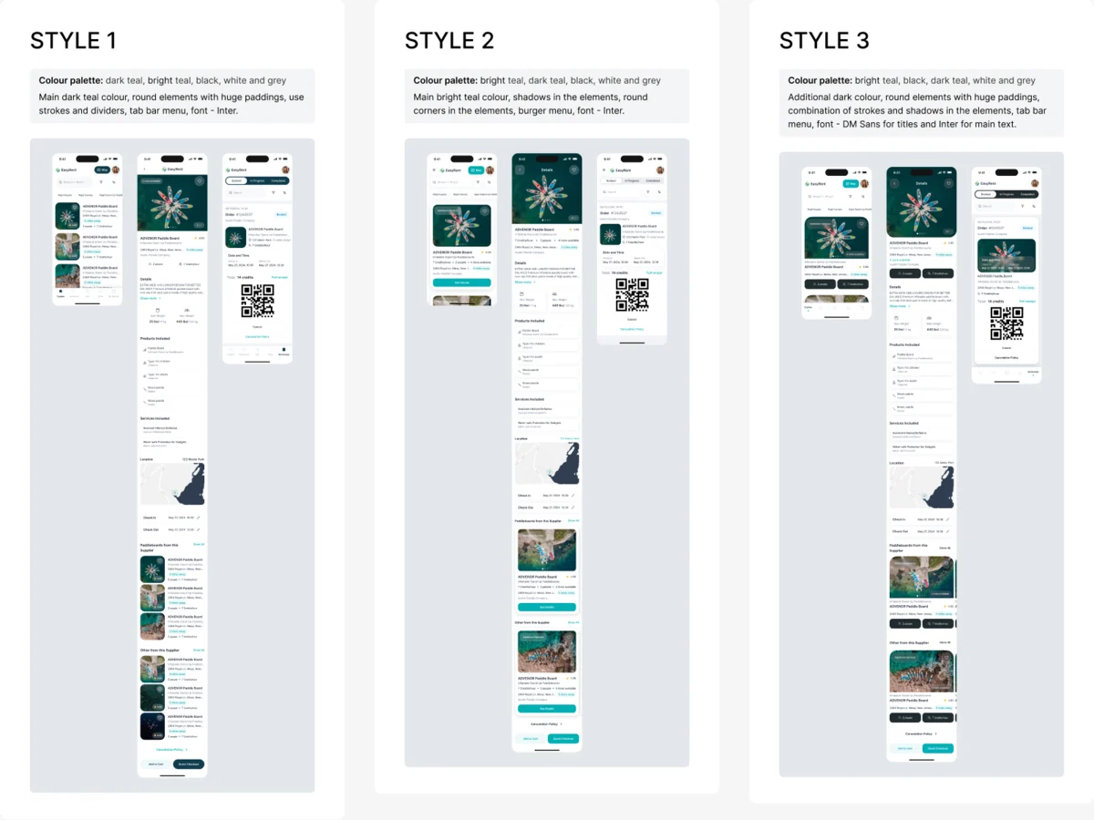 Three visual directions for the renter’s app, each with its palette and principles and the same search, listing and order screens