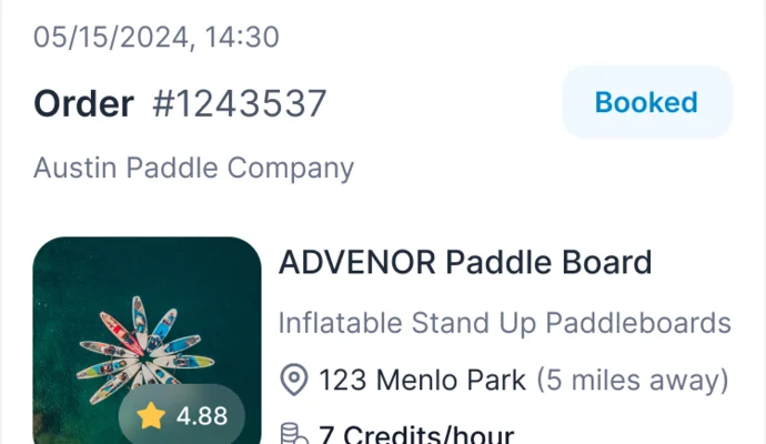 Renter’s order card: order number, date, supplier, the board and status Booked