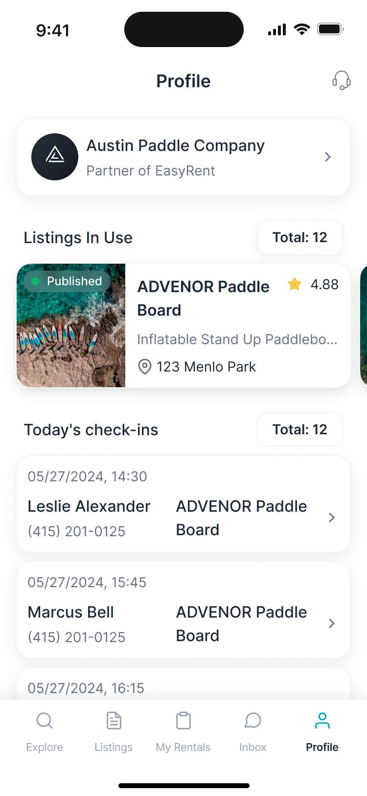 Supplier profile on a phone: the company, listings in use and today’s check-ins with times and renters