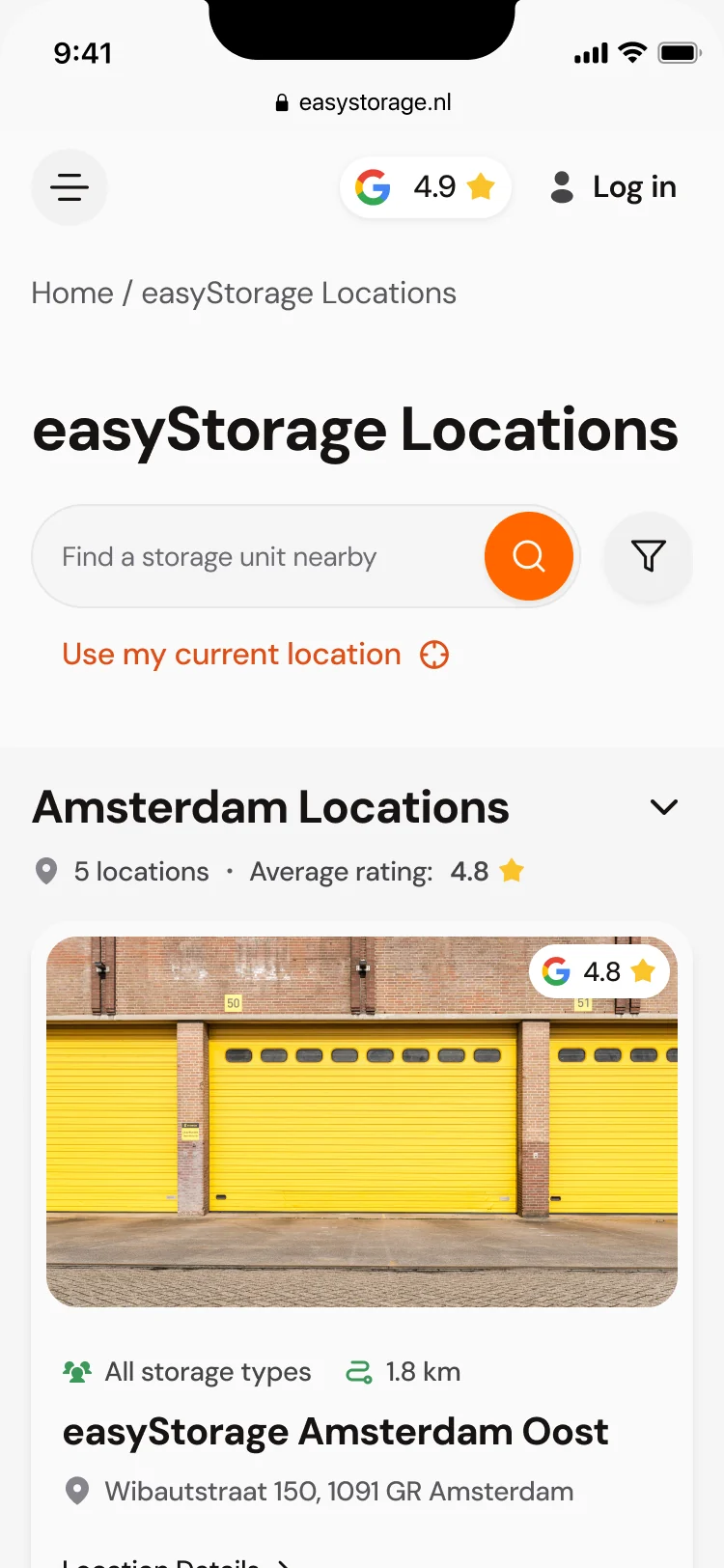easyStorage Locations on a phone: the search with a filter icon, use my current location, and one Amsterdam location card