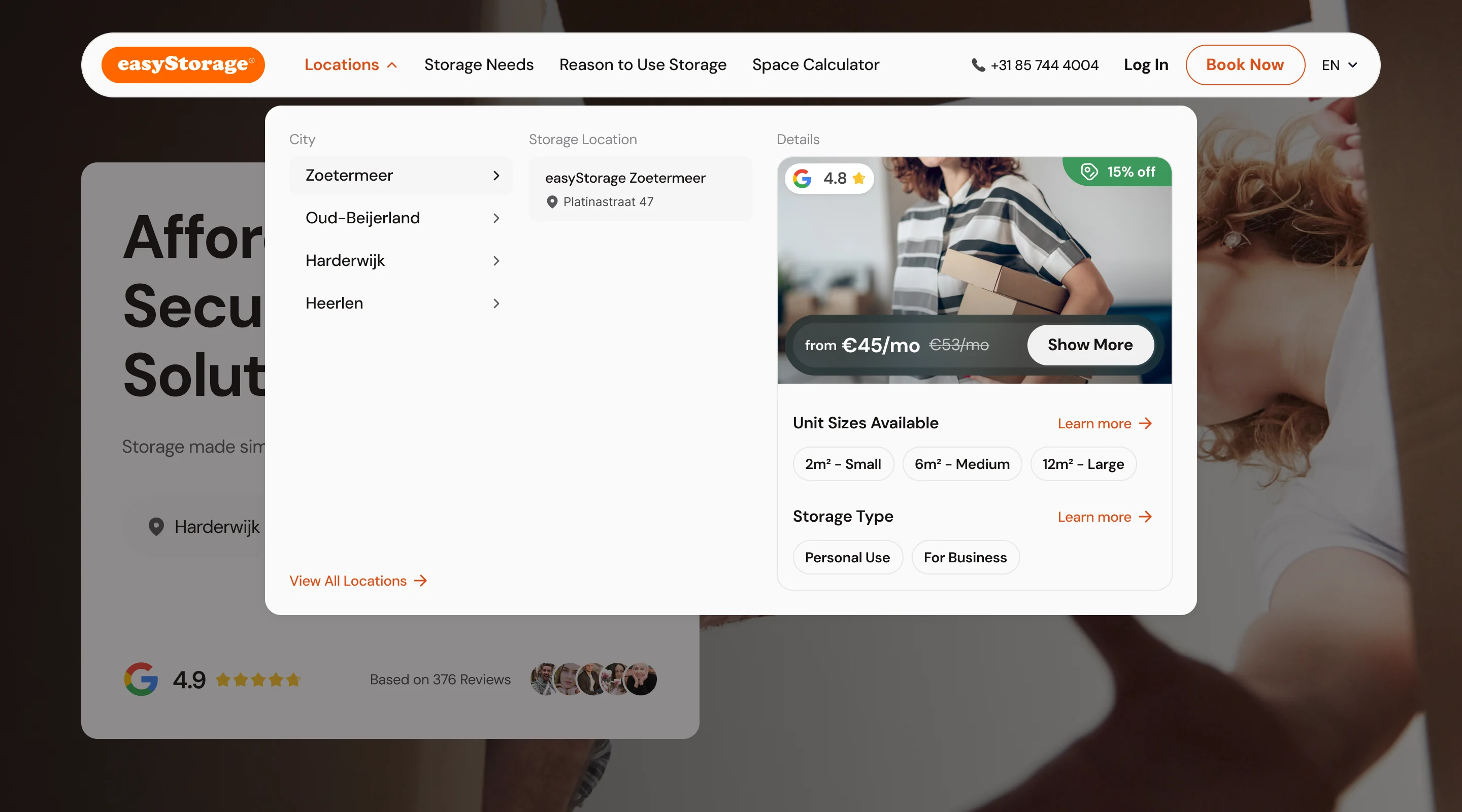 easyStorage homepage with the Locations menu open: cities, the Zoetermeer location with its photo and price from, unit sizes and storage types